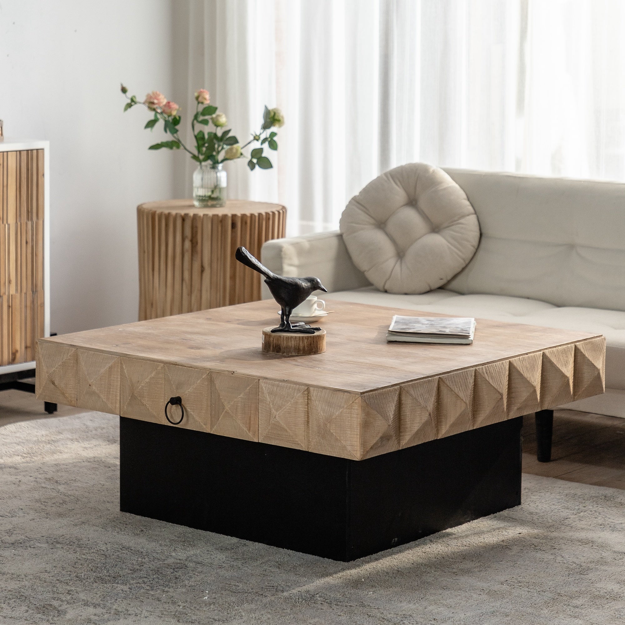 41.33"Three-dimensional Embossed Pattern Square Retro Coffee Table with 2 Drawers and MDF Base(Old SKU: W75770651)