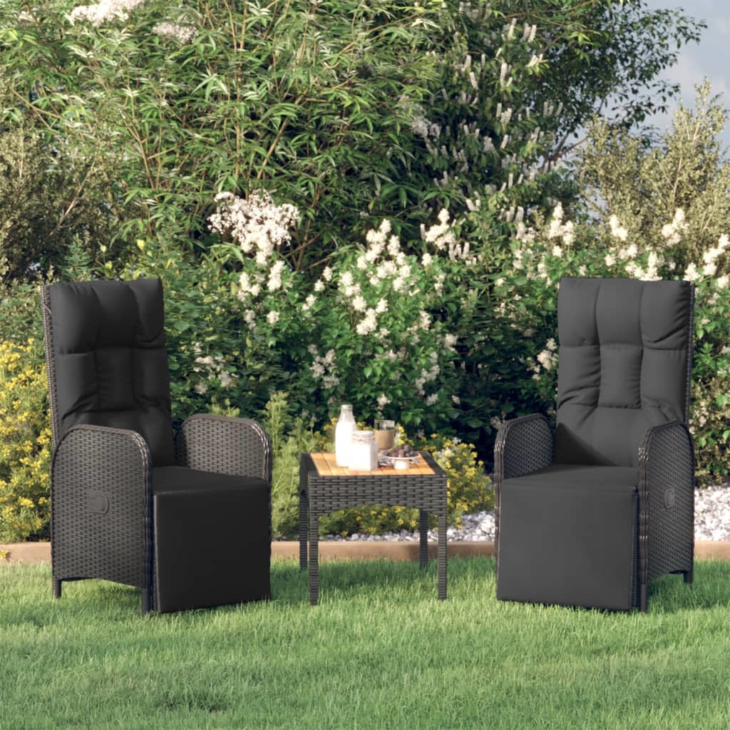 Patio Reclining Chairs 2 Pcs with Table Black Poly Rattan