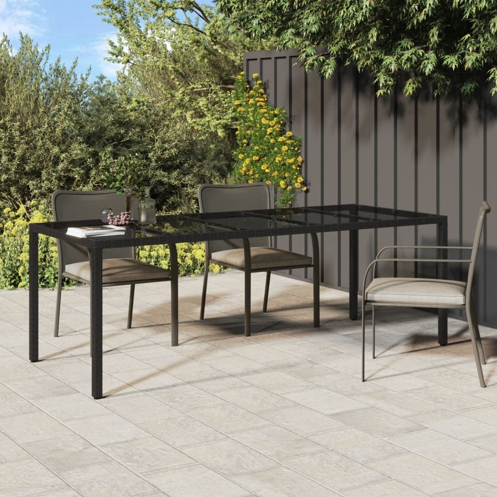 Patio Table Black 98.4"x39.4"x29.5" Tempered Glass and Poly Rattan