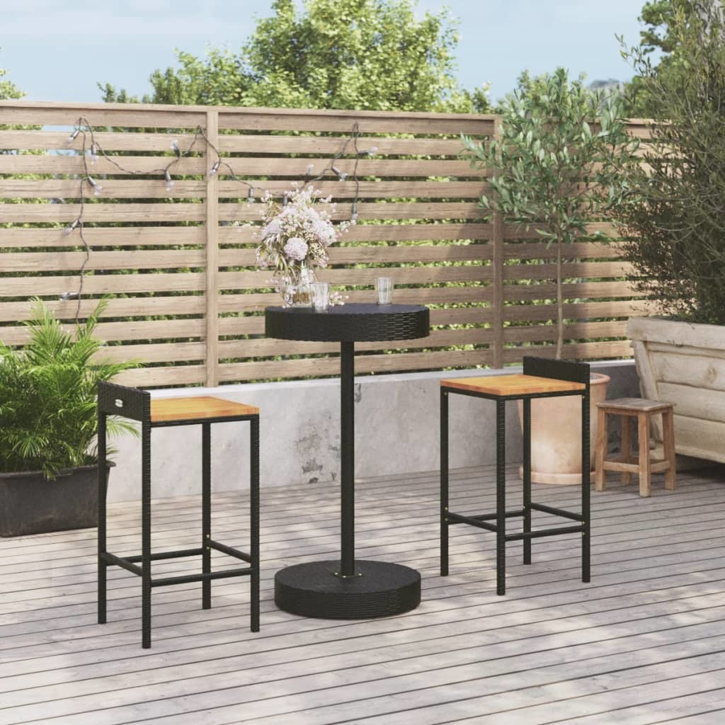 3 Piece Patio Bar Set Black Poly Rattan&Solid Wood Acacia