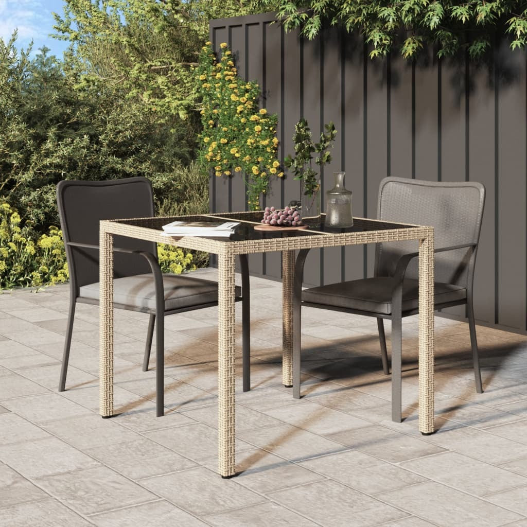 Patio Table 35.4"x35.4"x29.5" Tempered Glass and Poly Rattan Beige