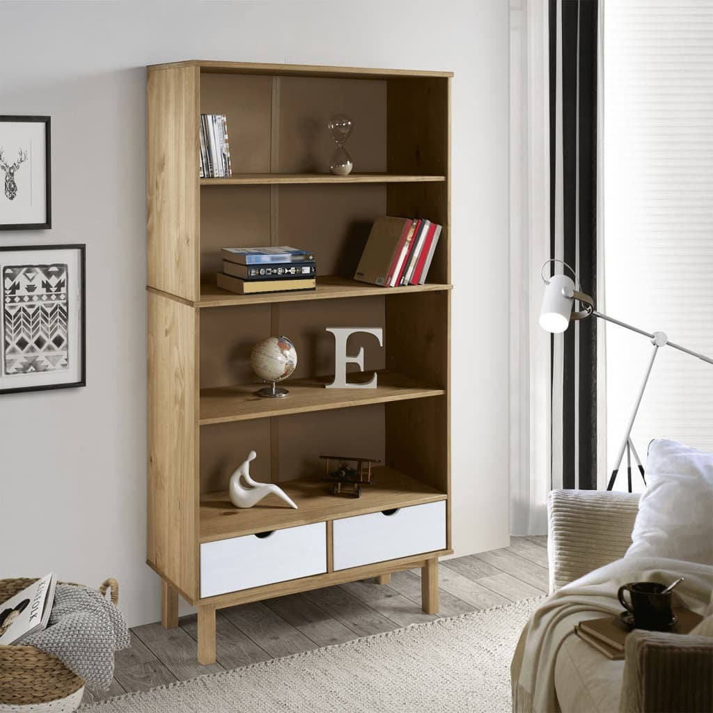 Bookcase OTTA with 2 Drawers Brown and White Solid Wood Pine