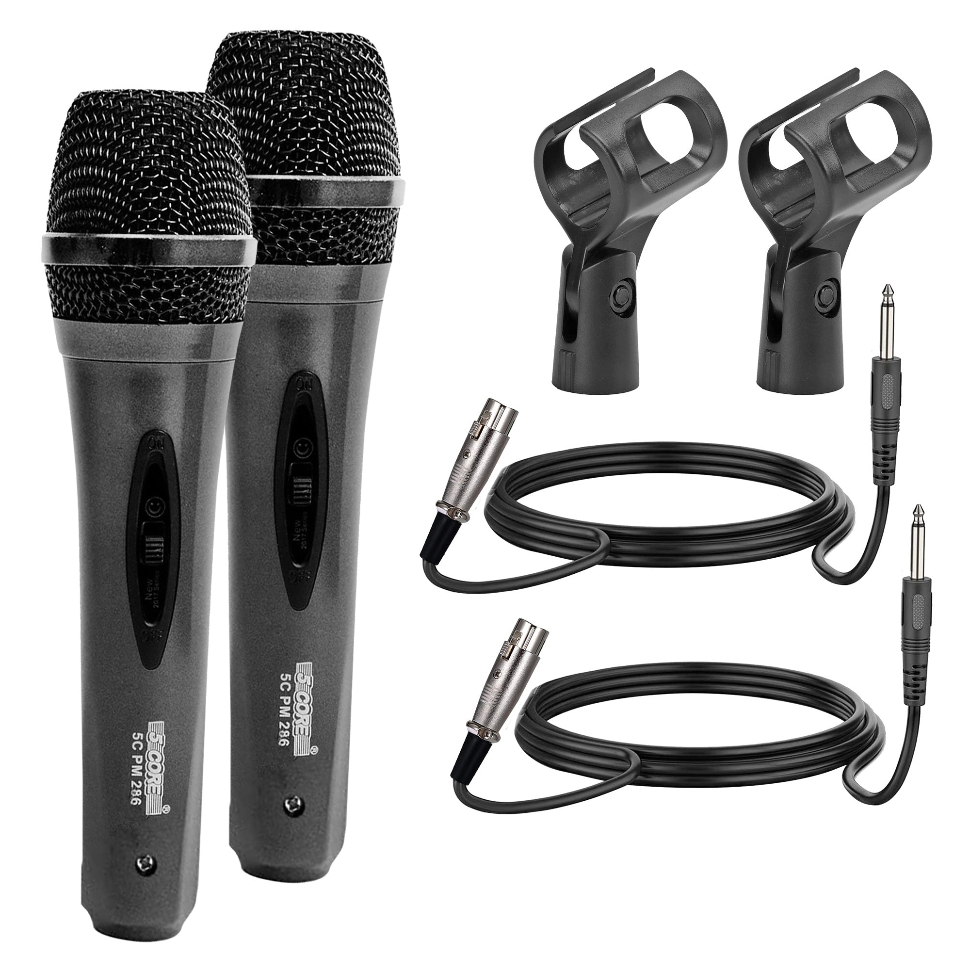 5 Core Microphone Wired Dynamic Vocal Karaoke Handheld Mic Pair Cardioid Unidirectional Microfono w On and Off Switch Includes XLR Audio Cable Mic Holder - PM 286 2 PCS