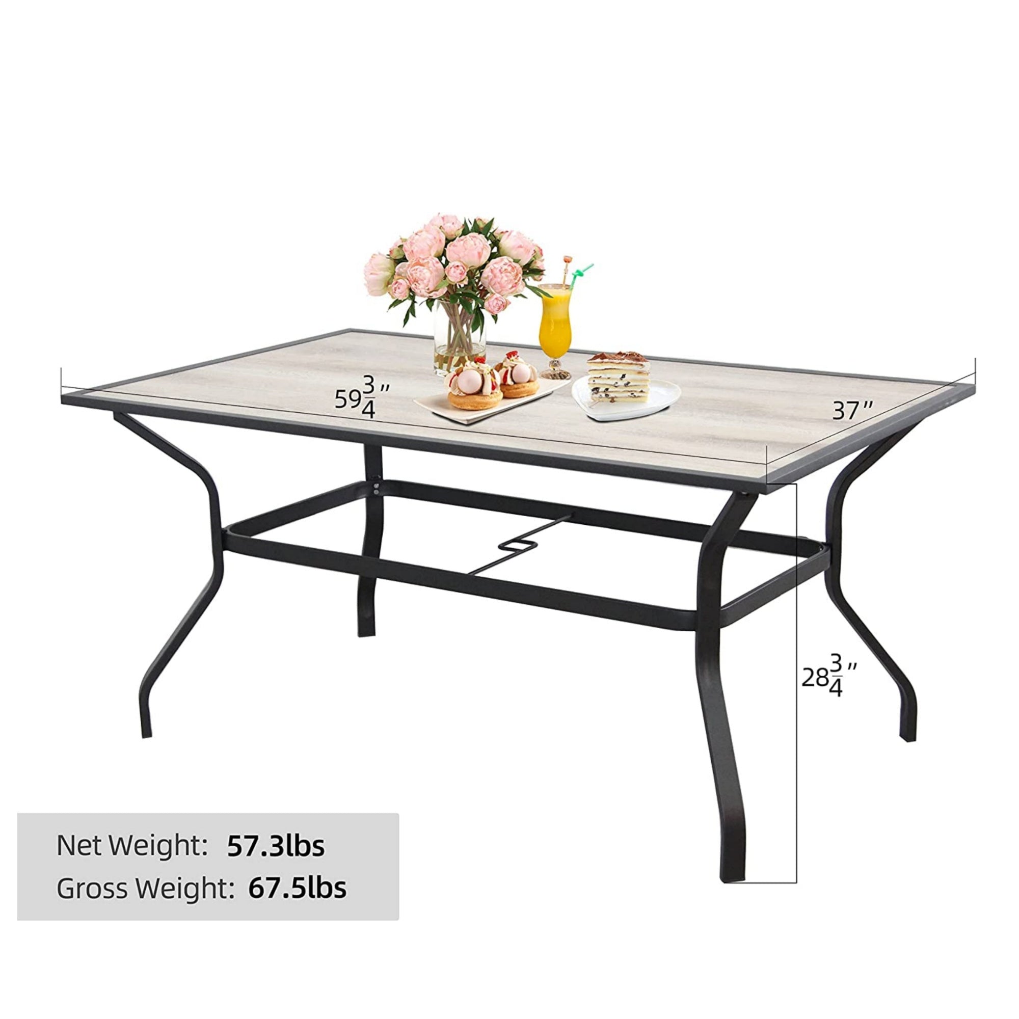 60" x 37" Patio Dining Table, Outdoor Large Rectangular Metal Table with Umbrella Hole and Wood-Look Tabletop, for Porch Backyard Balcony Garden