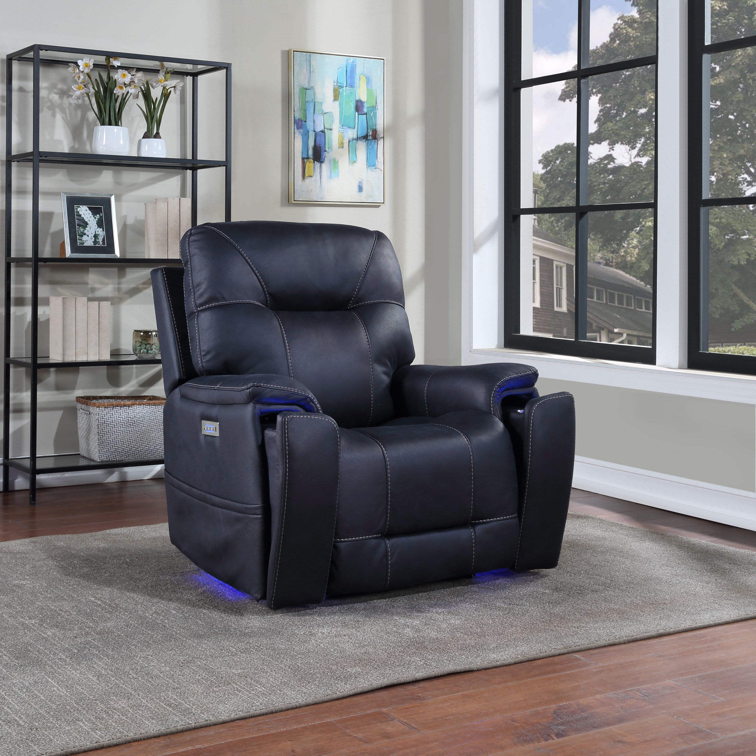 Triple-Power Recliner with Lighted Cupholders - Ocean Blue Leatherette, Transitional Design