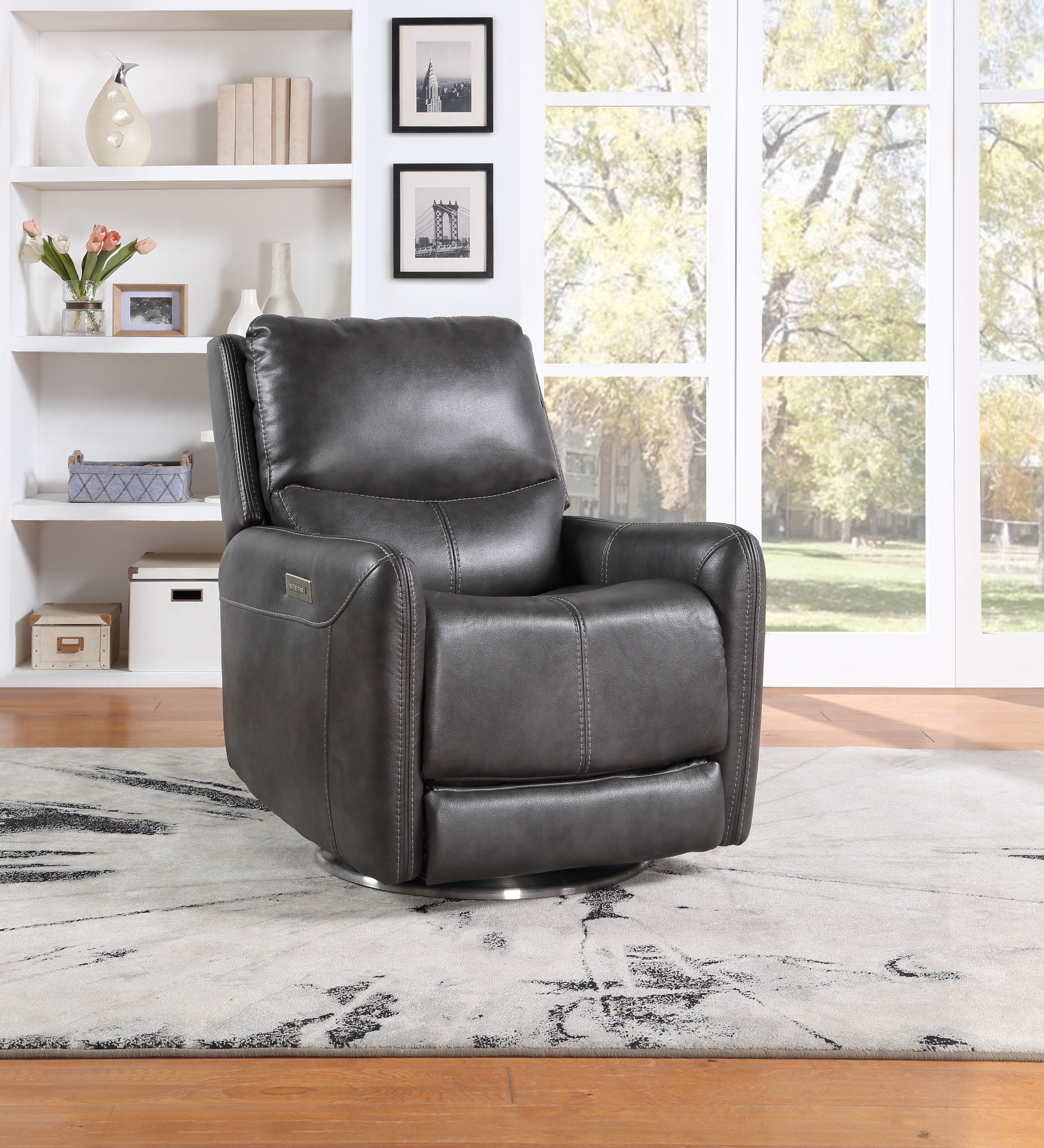 Elegant Triple-Power 360 Swivel Recliner - Pencil Arms, Power Footrest, Power Headrest, Power Lumbar - Swivel Design, Charcoal Faux-Leather