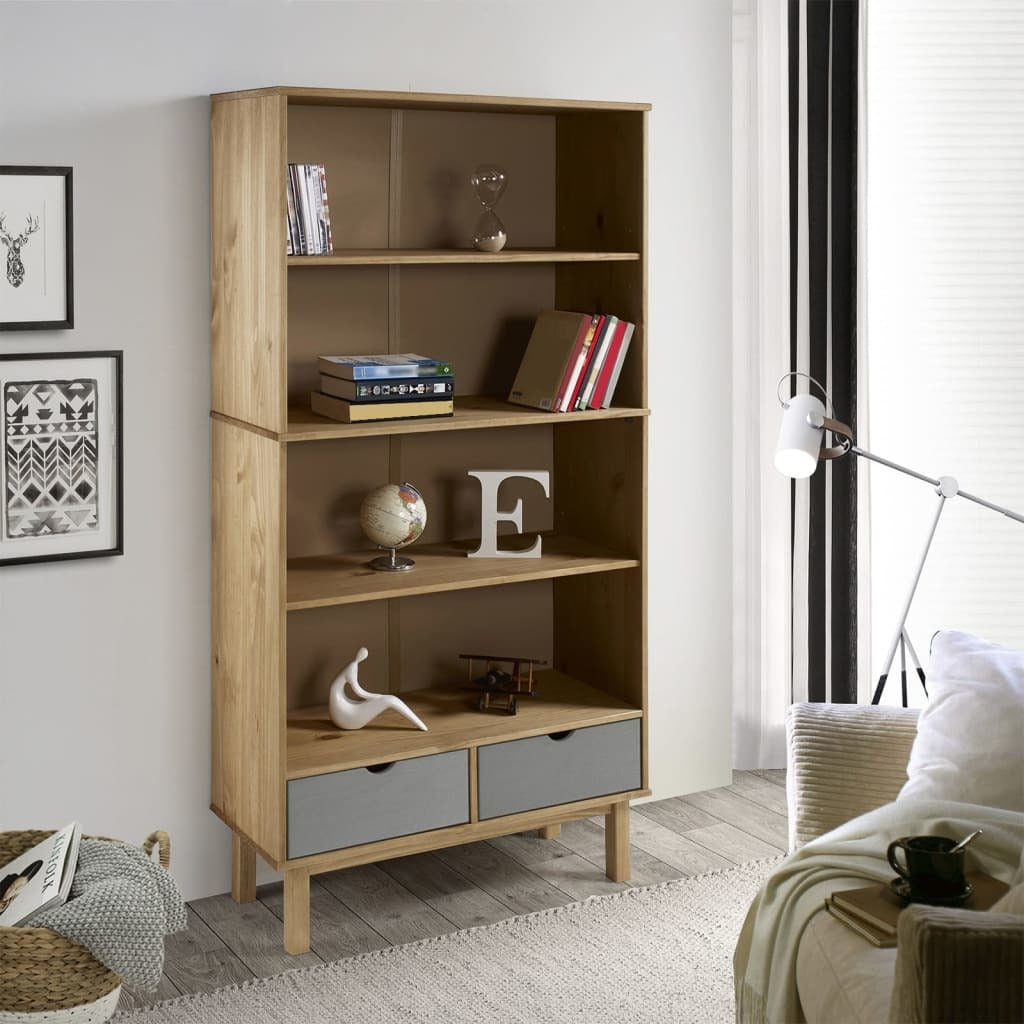 Bookcase OTTA with 2 Drawers Brown and Gray Solid Wood Pine