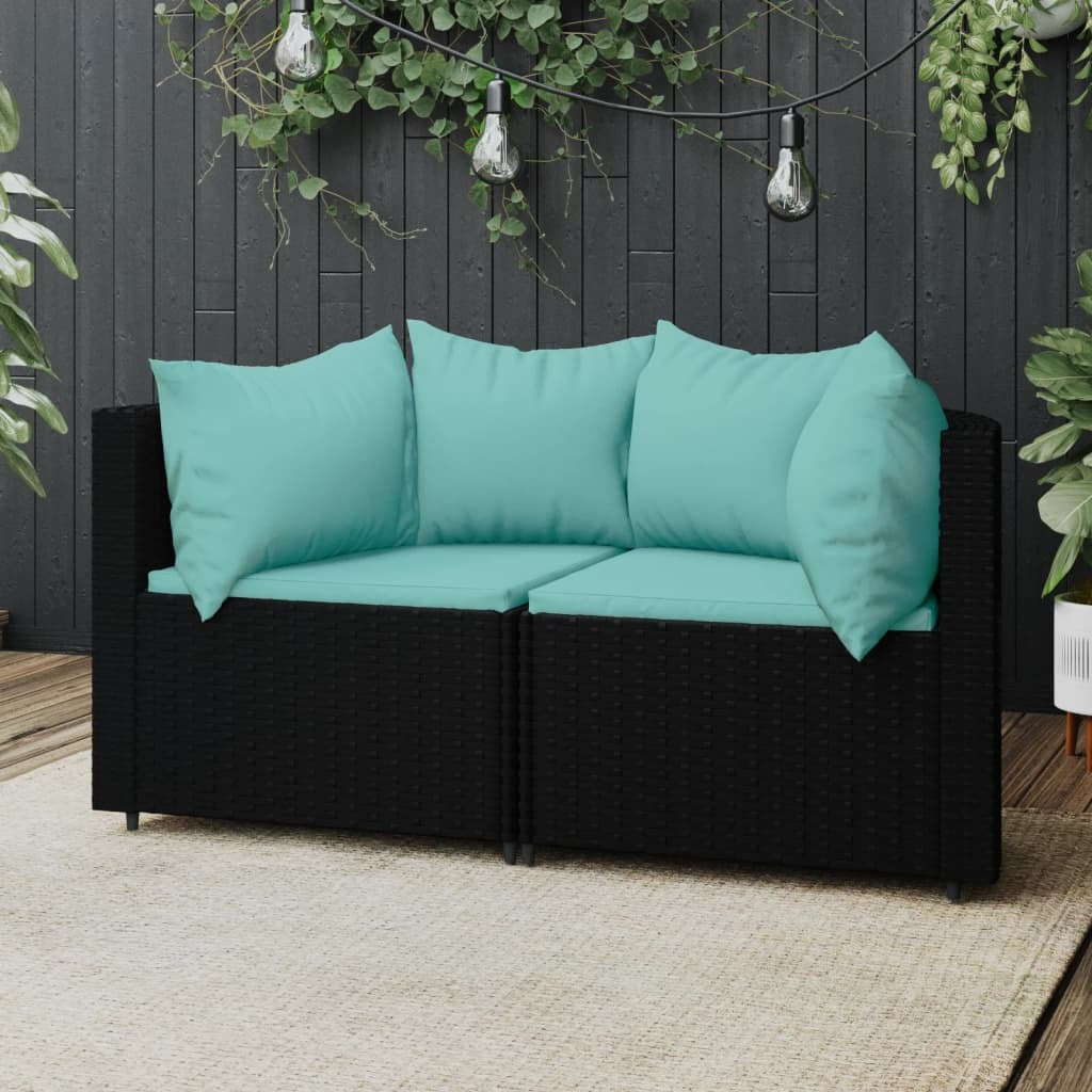 Patio Corner Sofas with Cushions 2 pcs Black Poly Rattan