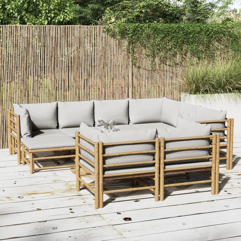 10 Piece Patio Lounge Set with Light Gray Cushions Bamboo