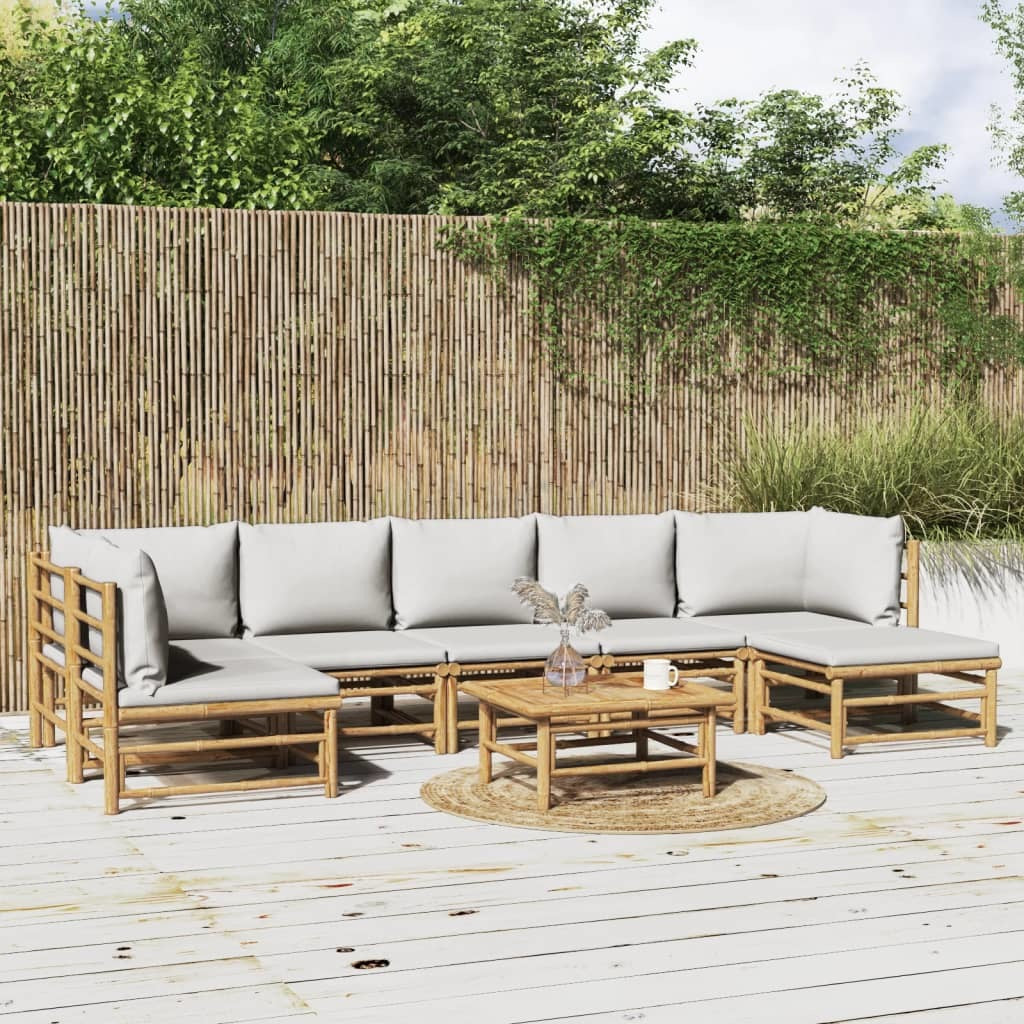 8 Piece Patio Lounge Set with Light Gray Cushions Bamboo