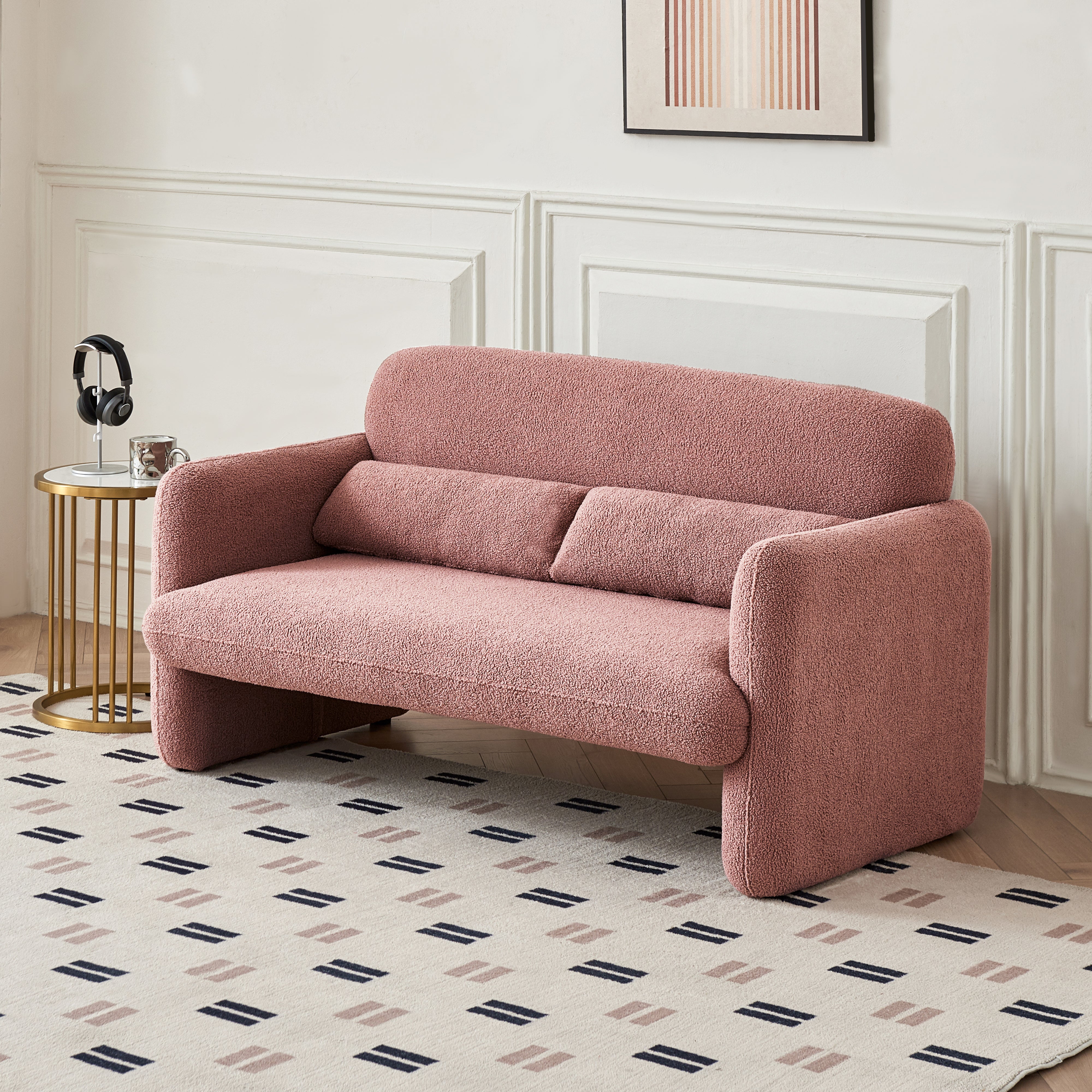 59"Lamb Fleece Fabric Sofa, Modern Loveseat Furniture with Support Pillow for Apartment, Office, Living Room & Bedroom, Tool-Free Assembly.(Pink)