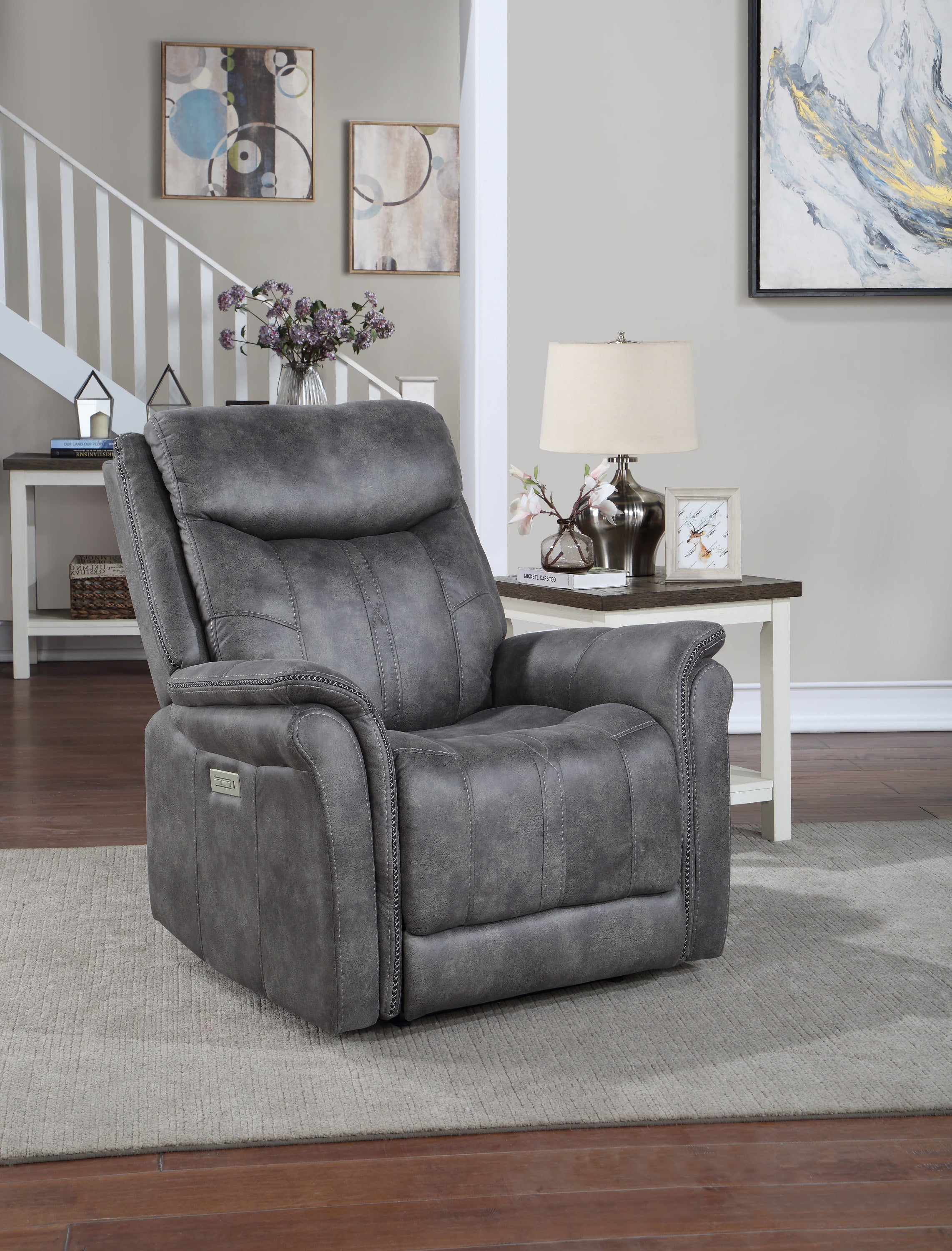 Traditional-Modern Power Reclining Collection - Cool Gray Microsuede, Dual-Power Reclining - USB Charging Port, All Close Button, Unmatched Comfort