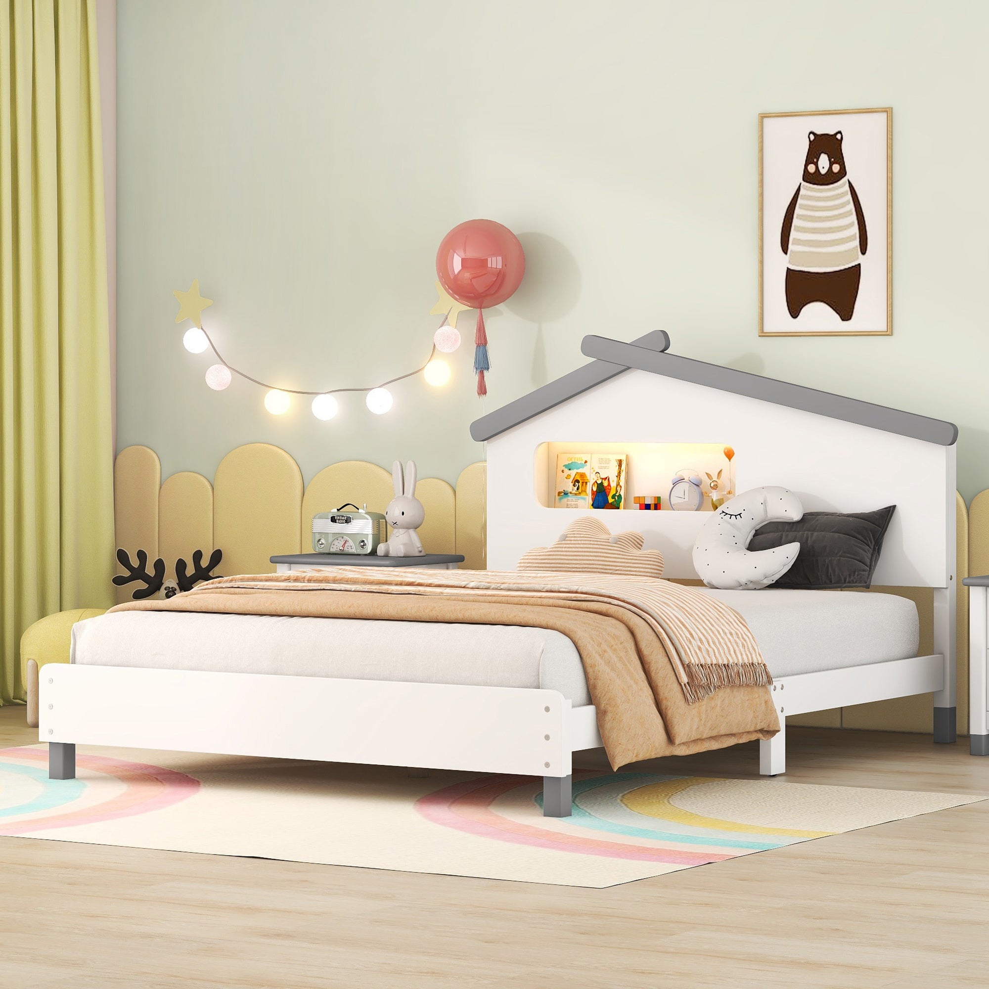 Full Size Wood Platform Bed with House-shaped Headboard and Motion Activated Night Lights (White+Gray)