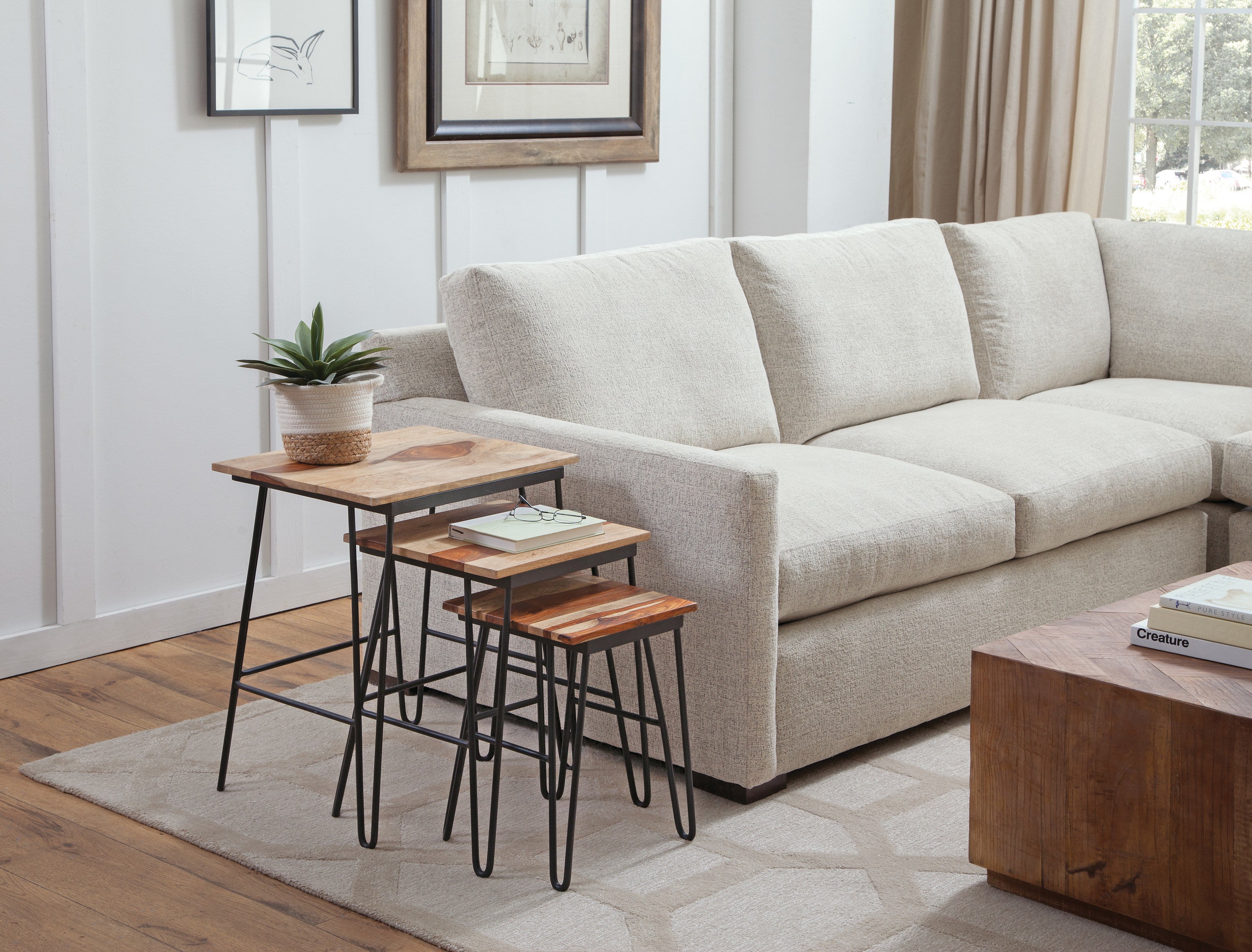 Natural Sheesham Wood Nesting Tables - Two-Tone Top, Iron Base - Varied Beauty, Ample Storage Space