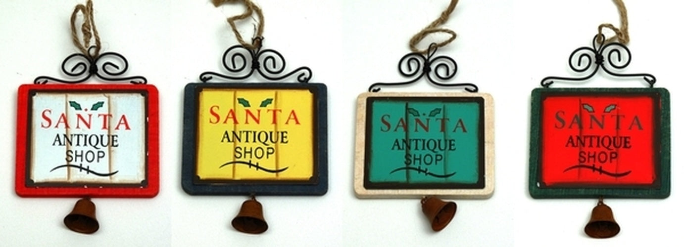 WoodMetal Sign Ornaments with Bell Set of Four