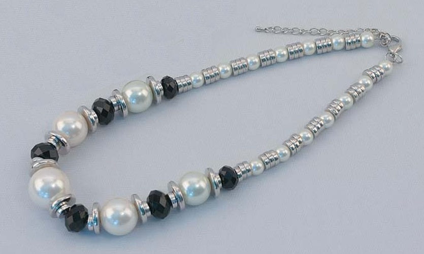 Silver Tone Necklace with Black & White Beads