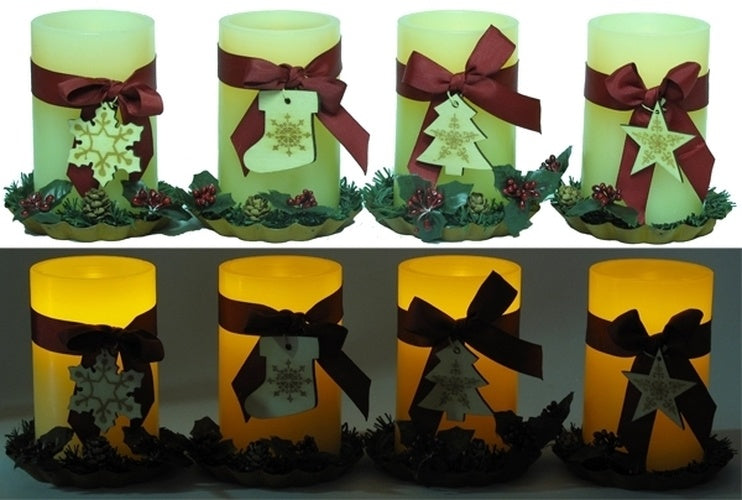 LED Holiday Pillar Candle on Metal Tray Asst Styles Price EACH