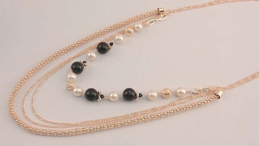 Gold Tone Necklace Black & White Beads