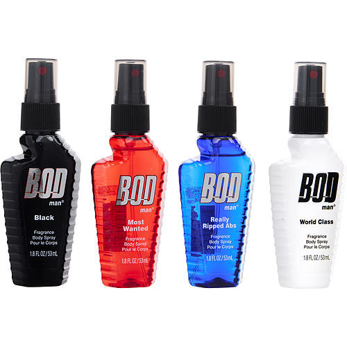 BOD MAN VARIETY by Parfums de Coeur 4 PAK WITH BLACK & MOST WANTED & REALLY RIPPED ABS & WORLD CLASS AND ALL ARE FRAGRANCE BODY SPRAY 1.8 OZ
