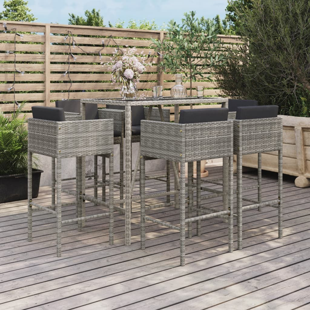 7 Piece Patio Bar Set with Cushions Gray Poly Rattan