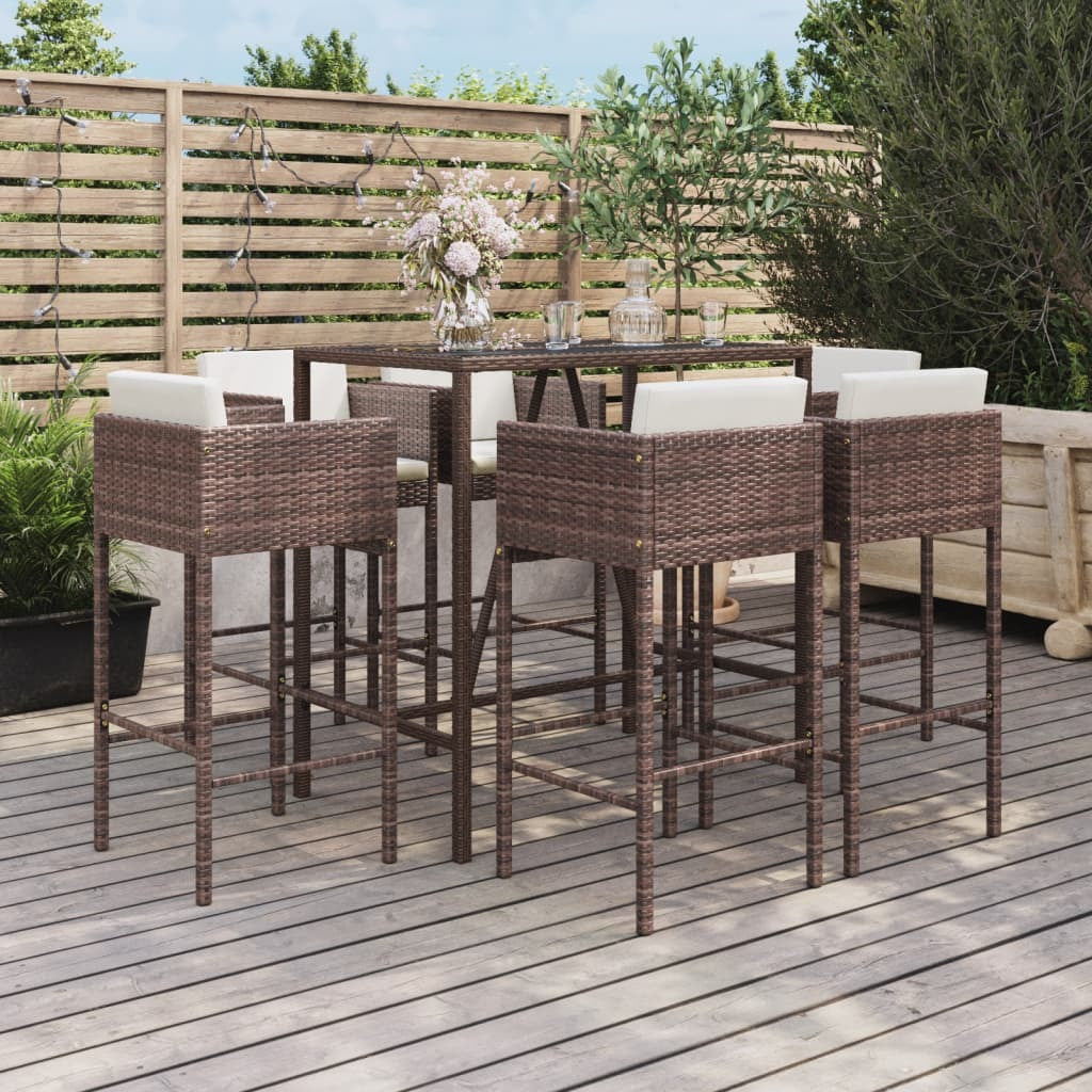 7 Piece Patio Bar Set with Cushions Brown Poly Rattan