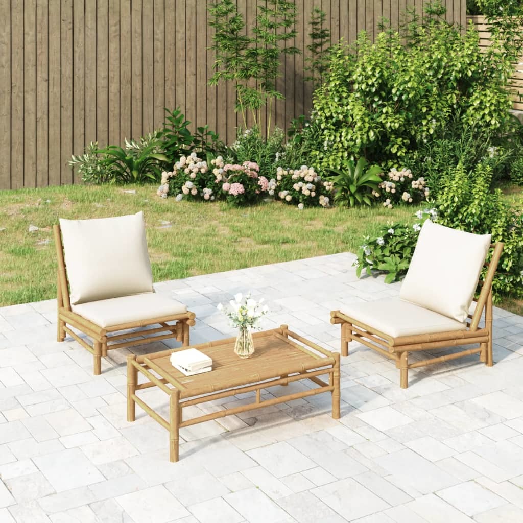 Patio Chairs 2 pcs with Cream White Cushions Bamboo