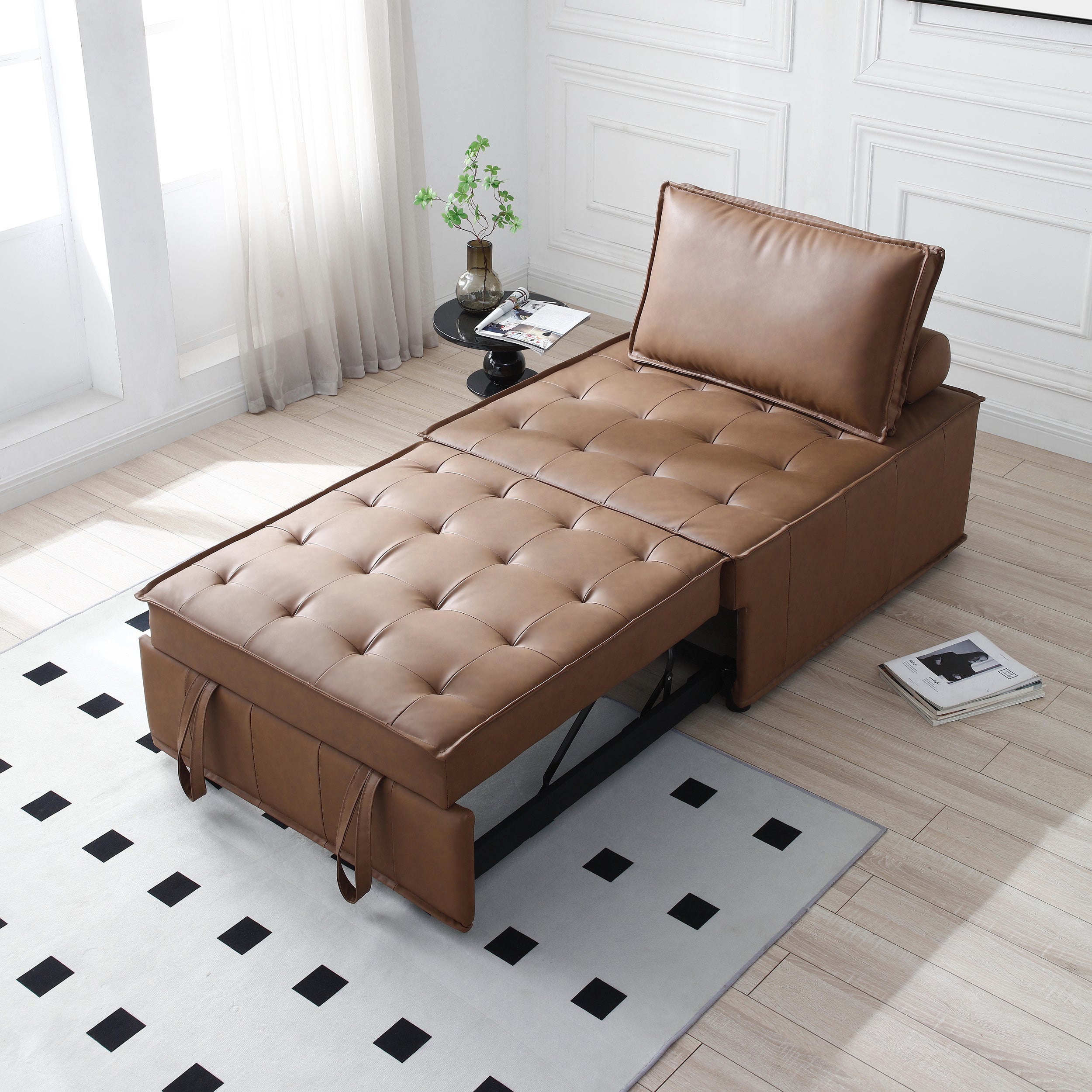 Multipurpose Faux Leather Ottoman Lazy Sofa Pulling Out Sofa Bed (Brown)