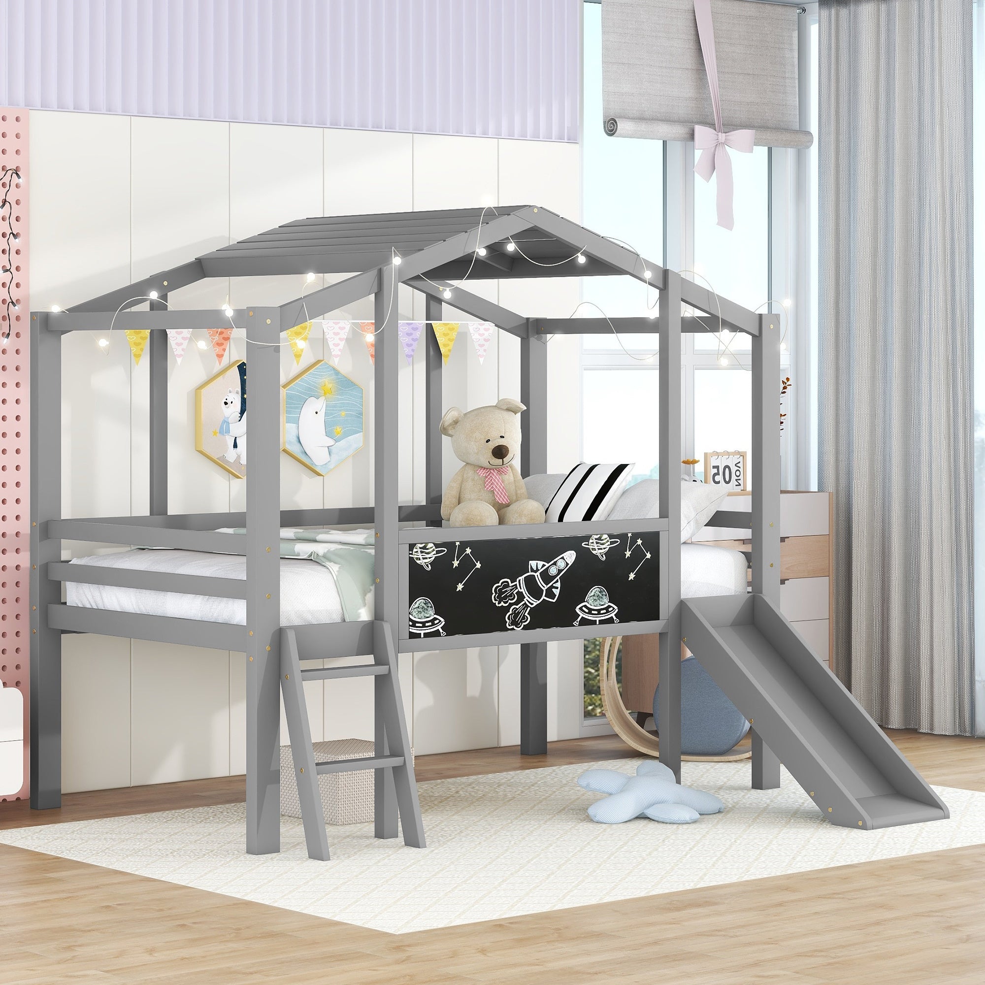 Twin Size Loft Bed with Ladder and Slide, House Bed with Blackboard and Light Strip on the Roof, Gray