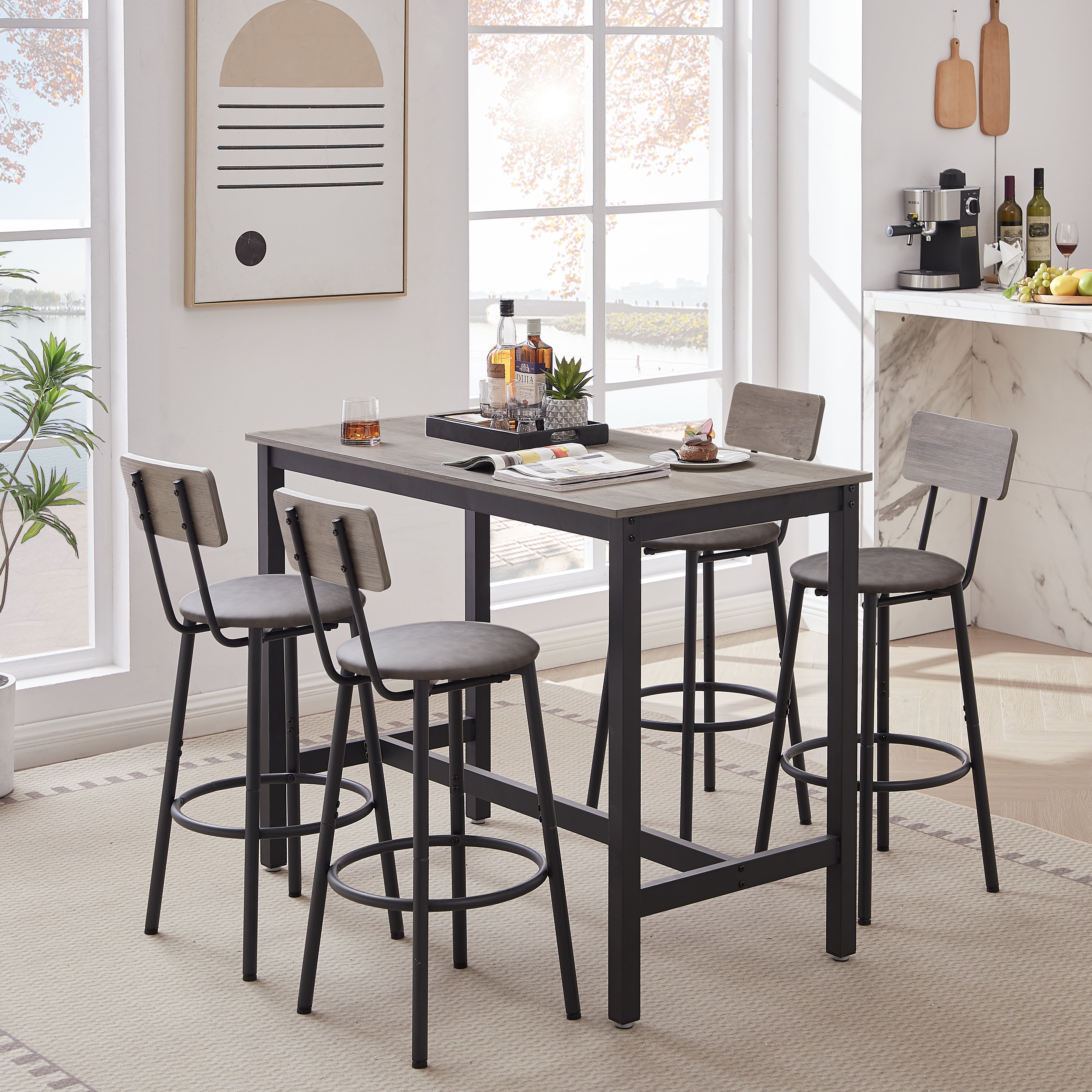 Bar Table Set with 4 Bar stools PU Soft seat with backrest, Grey, 47.24'' L x 23.62'' W x 35.43'' H