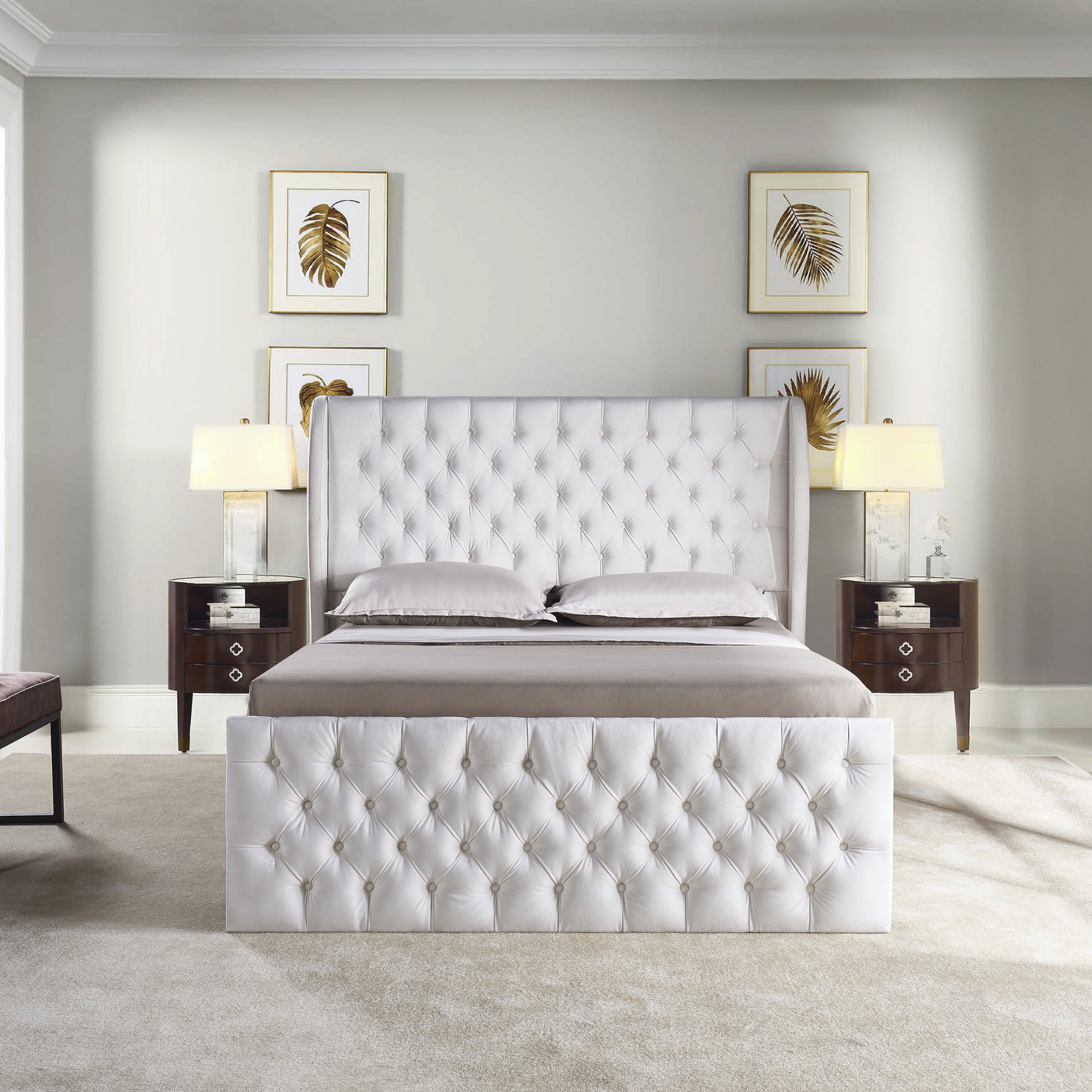 King Size Platform Bed Frame, Velvet Upholstered Sleigh Bed with Scroll Wingback Headboard & Footboard/Button Tufted/No Box Spring Required/Easy Assembly-White