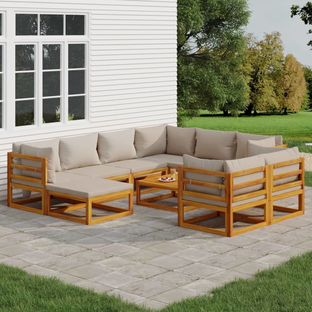 10 Piece Patio Lounge Set with Light Gray Cushions Solid Wood