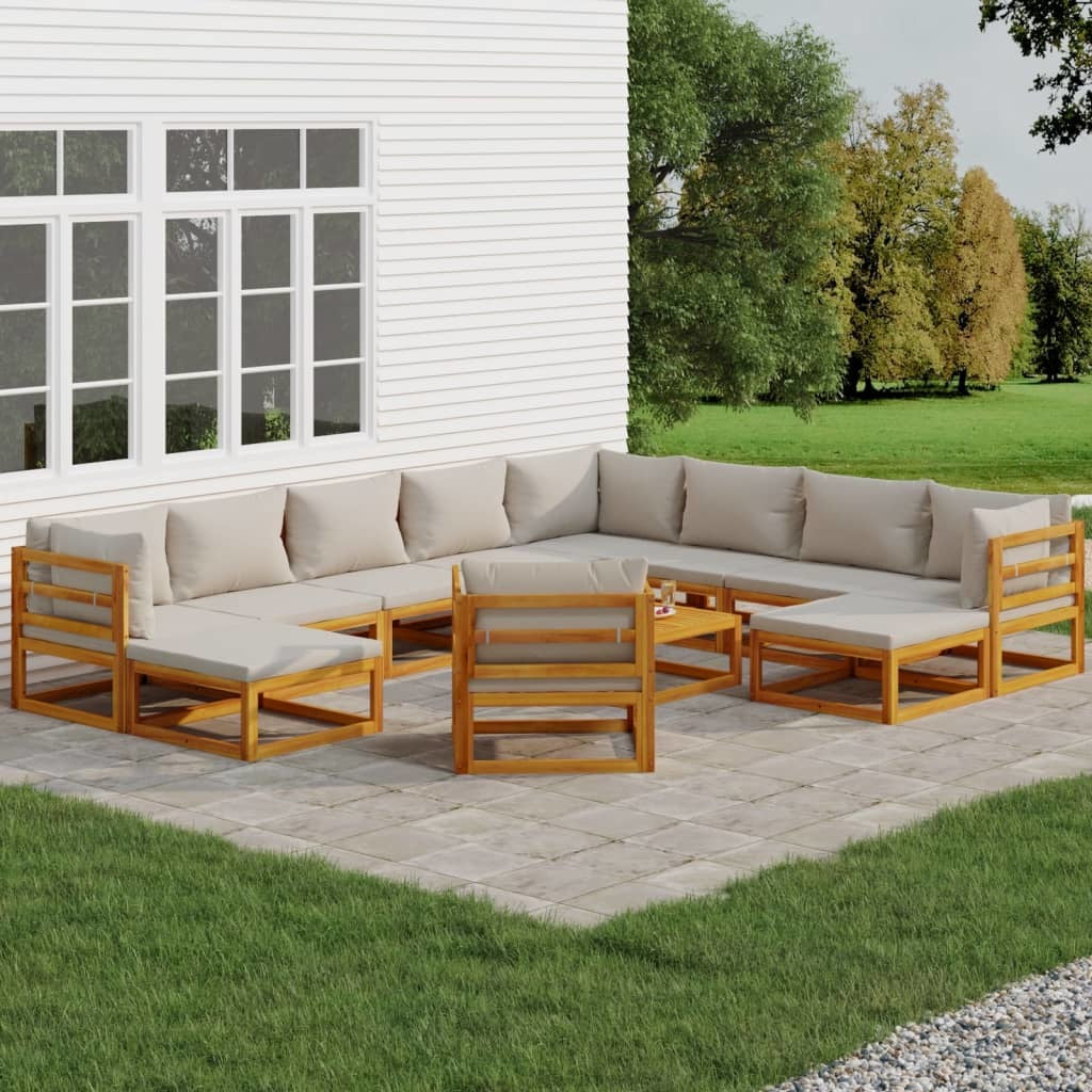 12 Piece Patio Lounge Set with Light Gray Cushions Solid Wood