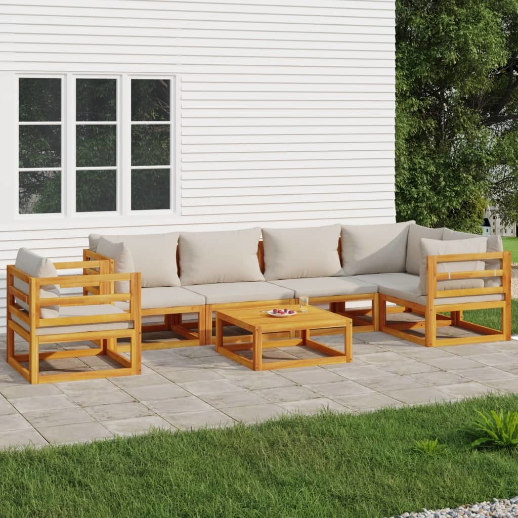 7 Piece Patio Lounge Set with Light Gray Cushions Solid Wood