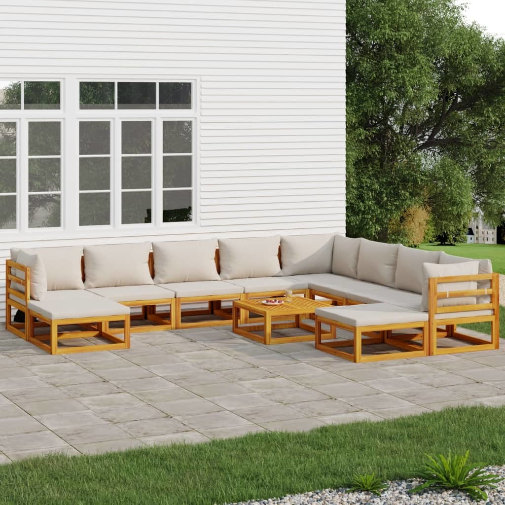 11 Piece Patio Lounge Set with Light Gray Cushions Solid Wood