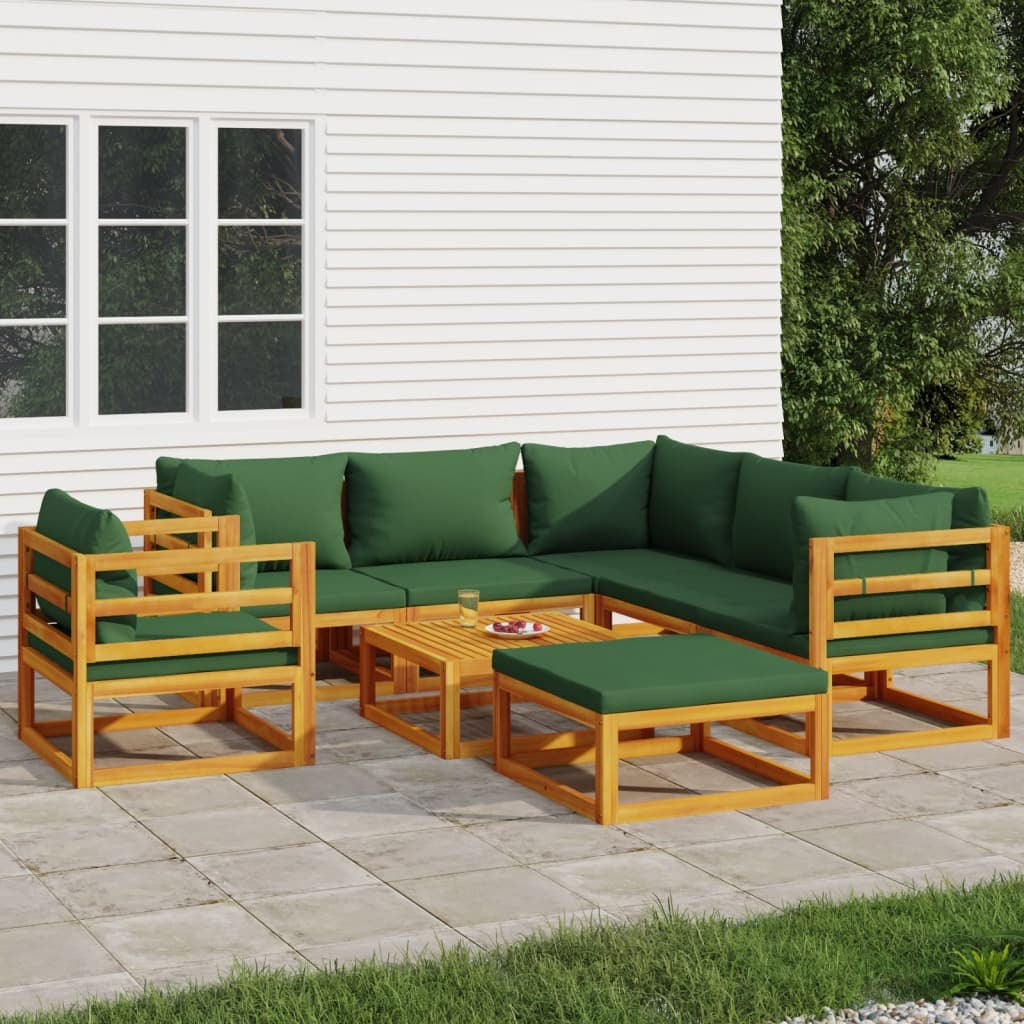 8 Piece Patio Lounge Set with Green Cushions Solid Wood