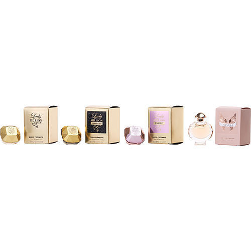 PACO RABANNE VARIETY by Paco Rabanne 4 PIECE WOMENS MINI VARIETY WITH LADY MILLION & LADY MILLION EMPIRE & LADY MILLION FABULOUS & OLYMPEA AND ALL ARE EAU DE PARFUM MINI