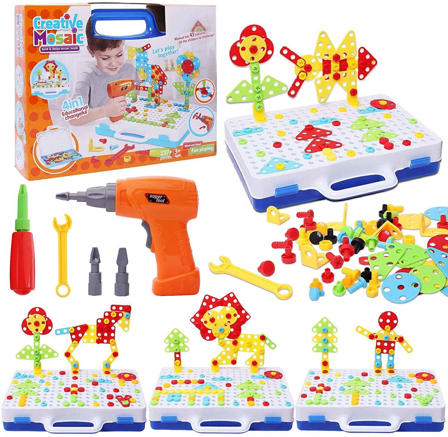 237 Pieces Creative Toy Drill Puzzle Set, STEM Learning Educational Toys, 3D Construction Engineering Building Blocks for Boys and Girls Ages 3 4 5 6 