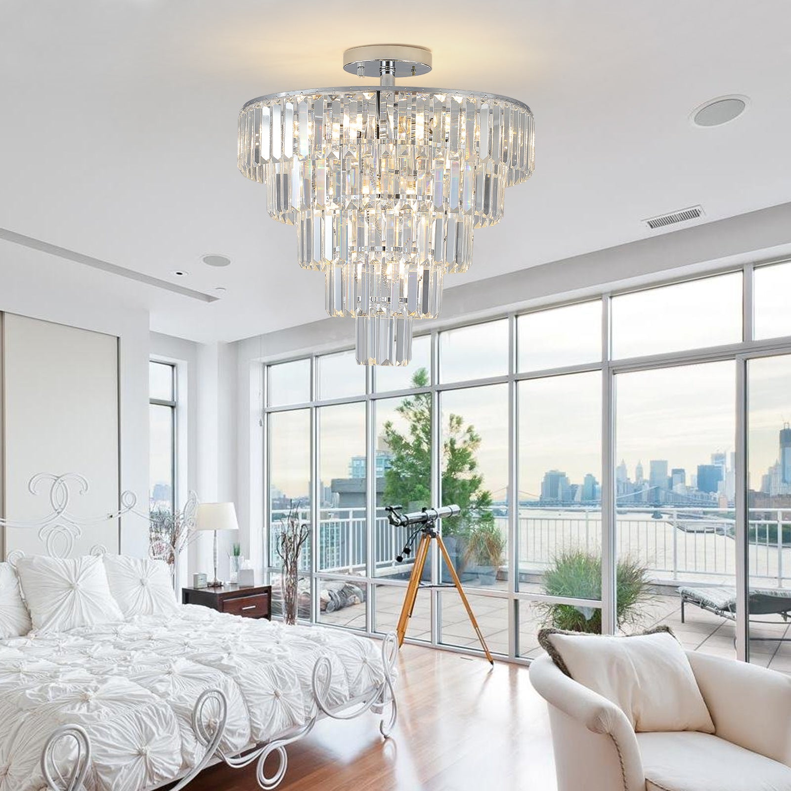 Large crystal chandelier in white chrome color, modern style chandelier, dining room, living room, bedroom