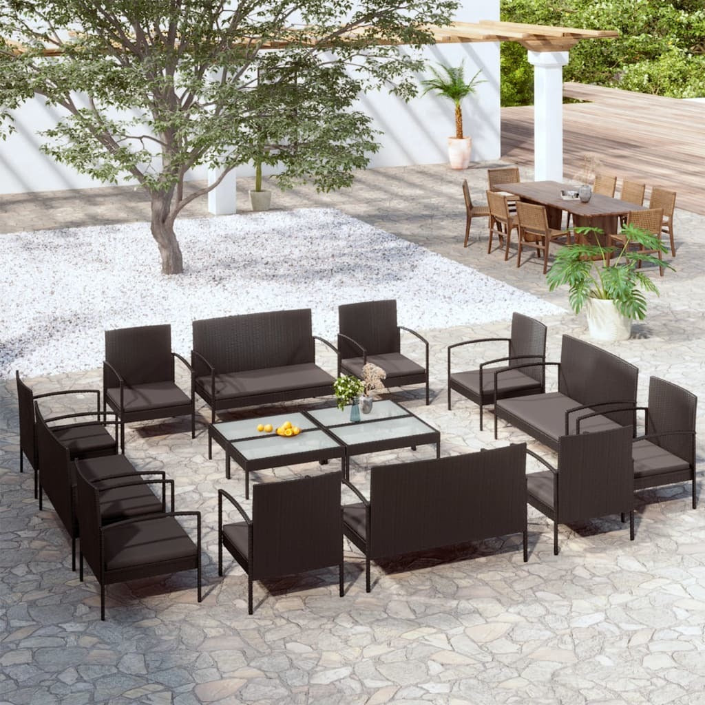 16 Piece Patio Lounge Set with Cushions Poly Rattan Black