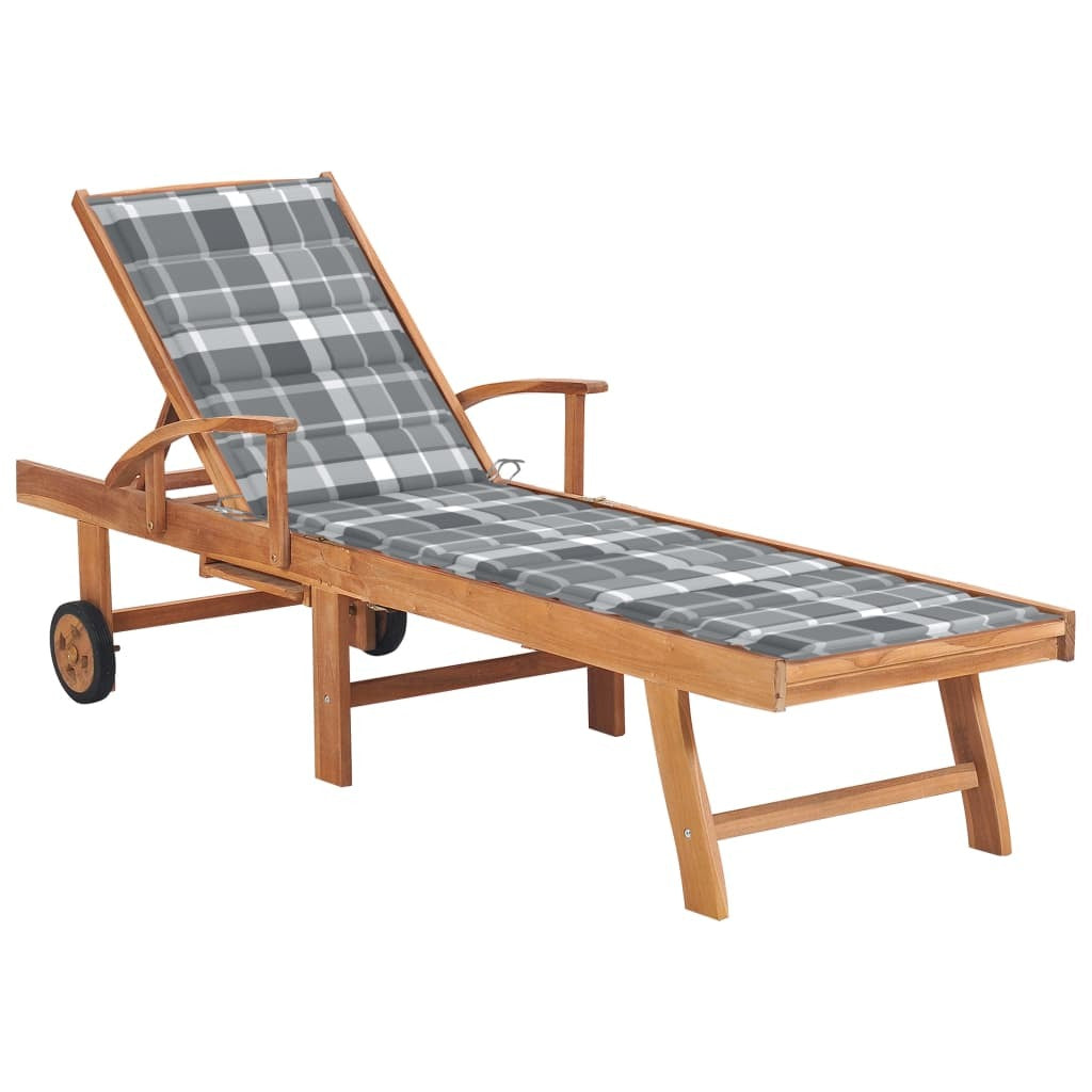 Sun Lounger with Gray Check Pattern Cushion Solid Teak Wood