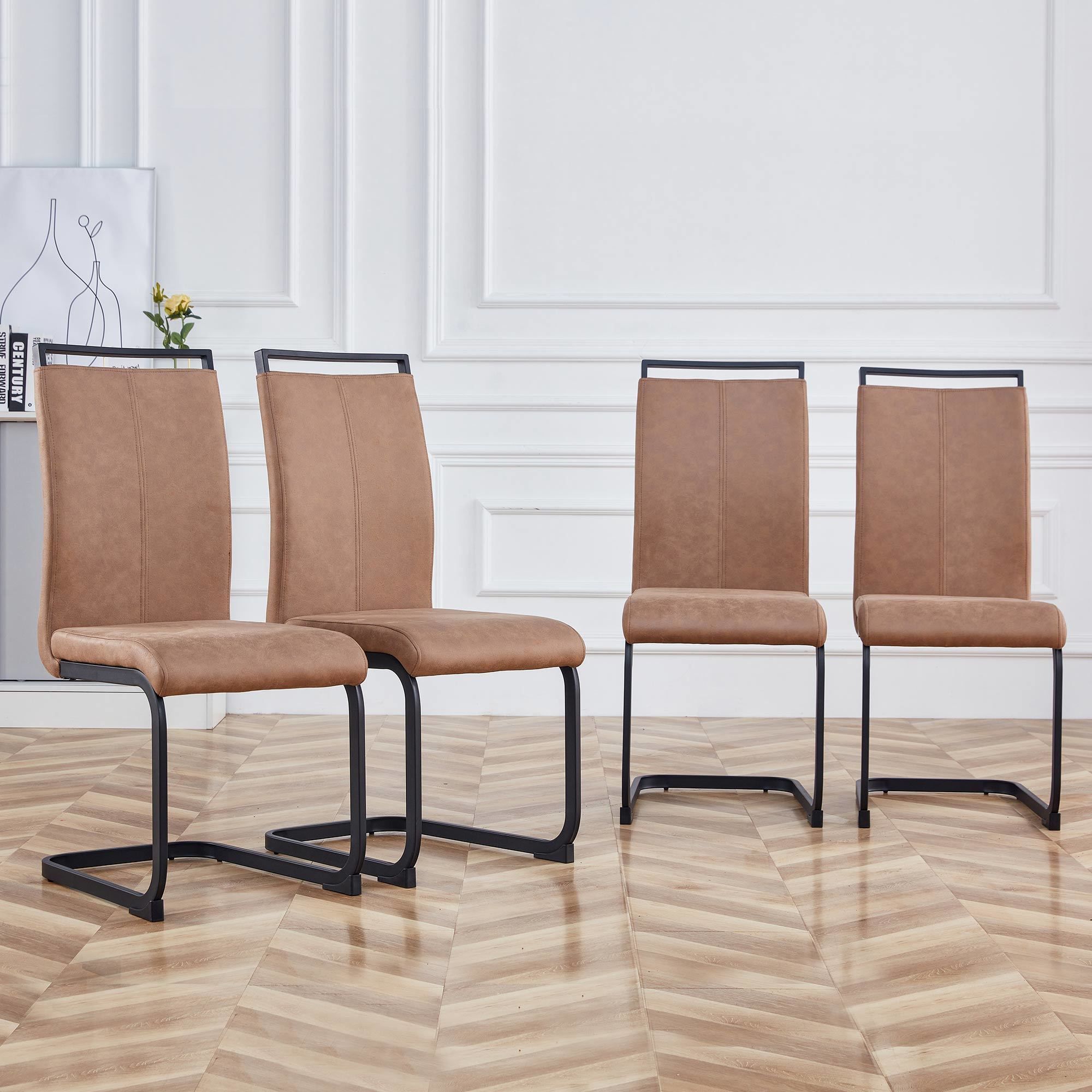 Modern Dining Chairs, Technology cloth High Back Upholstered Side Chair with C-shaped Tube Black Metal Legs for Dining Room Kitchen Vanity Club Guest Office chair (Set of 4)Brown 1162