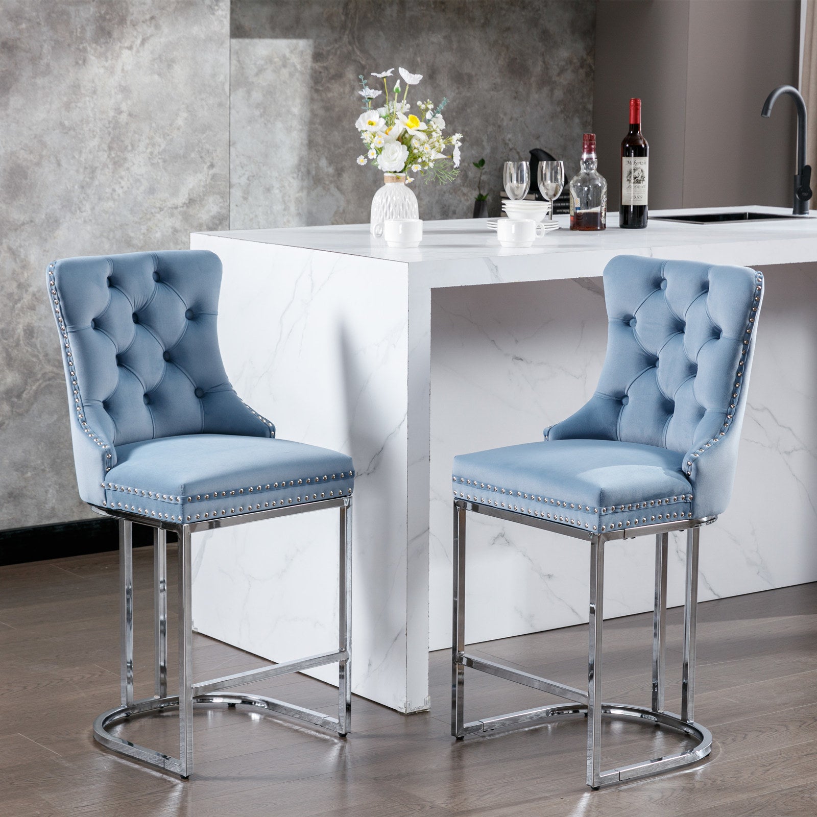 26" Counter Height Bar Stools Set of 2, Modern Velvet Barstools with Button Back&Rivet Trim Upholstered Kitchen Island Chairs with Sturdy Chromed Metal Base Legs Farmhouse Bar Stools,Light Blue,2 Pack