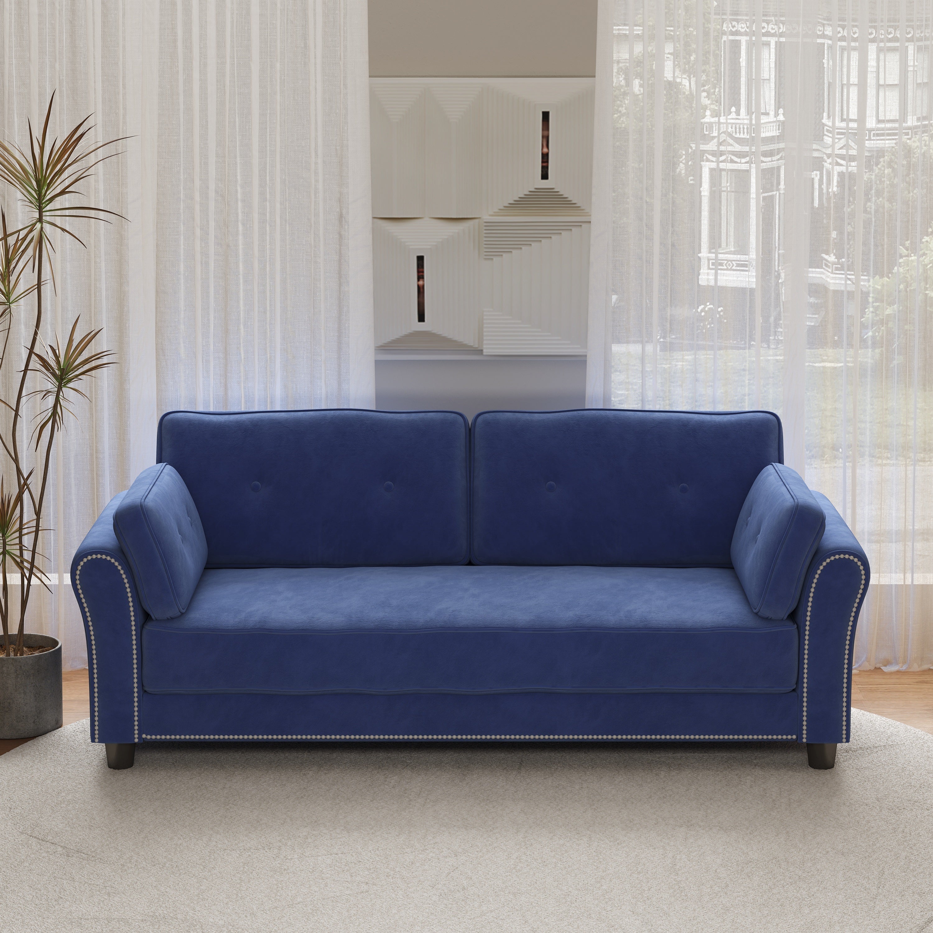 2067 Sofa Armrest with Nail Head Trim Backrest with Buttons Includes Two Pillows 79" Blue Velvet Living Room Apartment Sofa