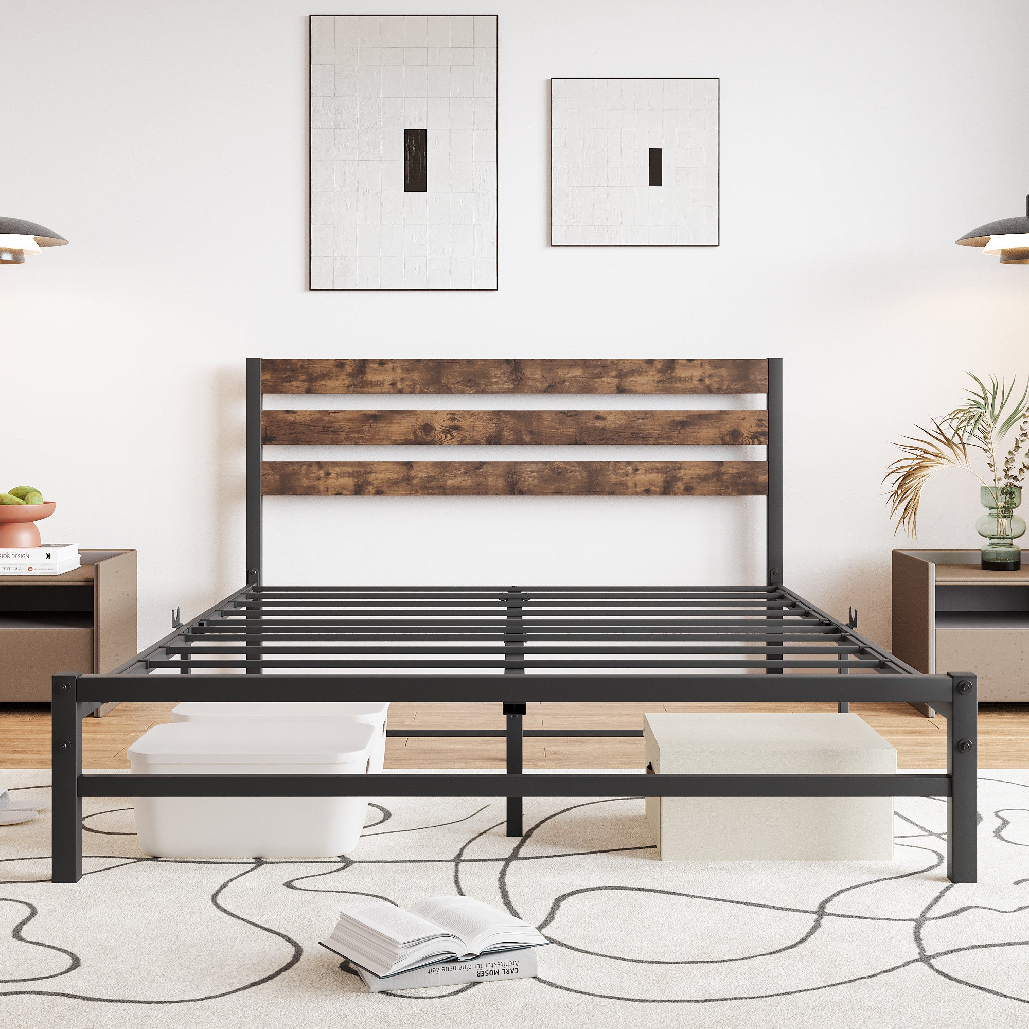 Queen Size Platform Bed Frame with Rustic Vintage Wood Headboard, Strong Metal Slats Support Mattress Foundation, No Box Spring Needed Rustic Brown