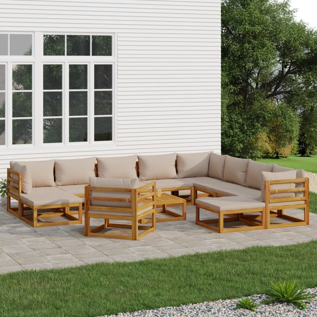 12 Piece Patio Lounge Set with Taupe Cushions Solid Wood