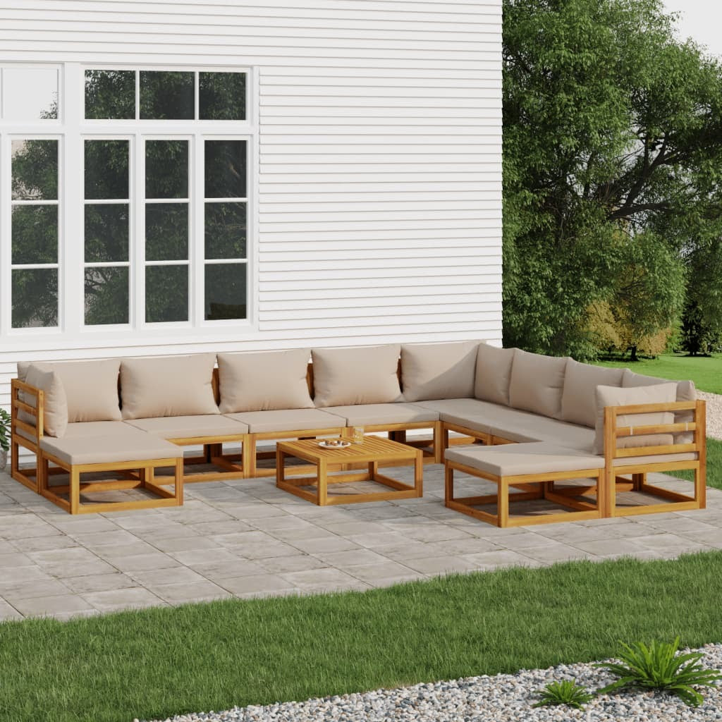 11 Piece Patio Lounge Set with Taupe Cushions Solid Wood