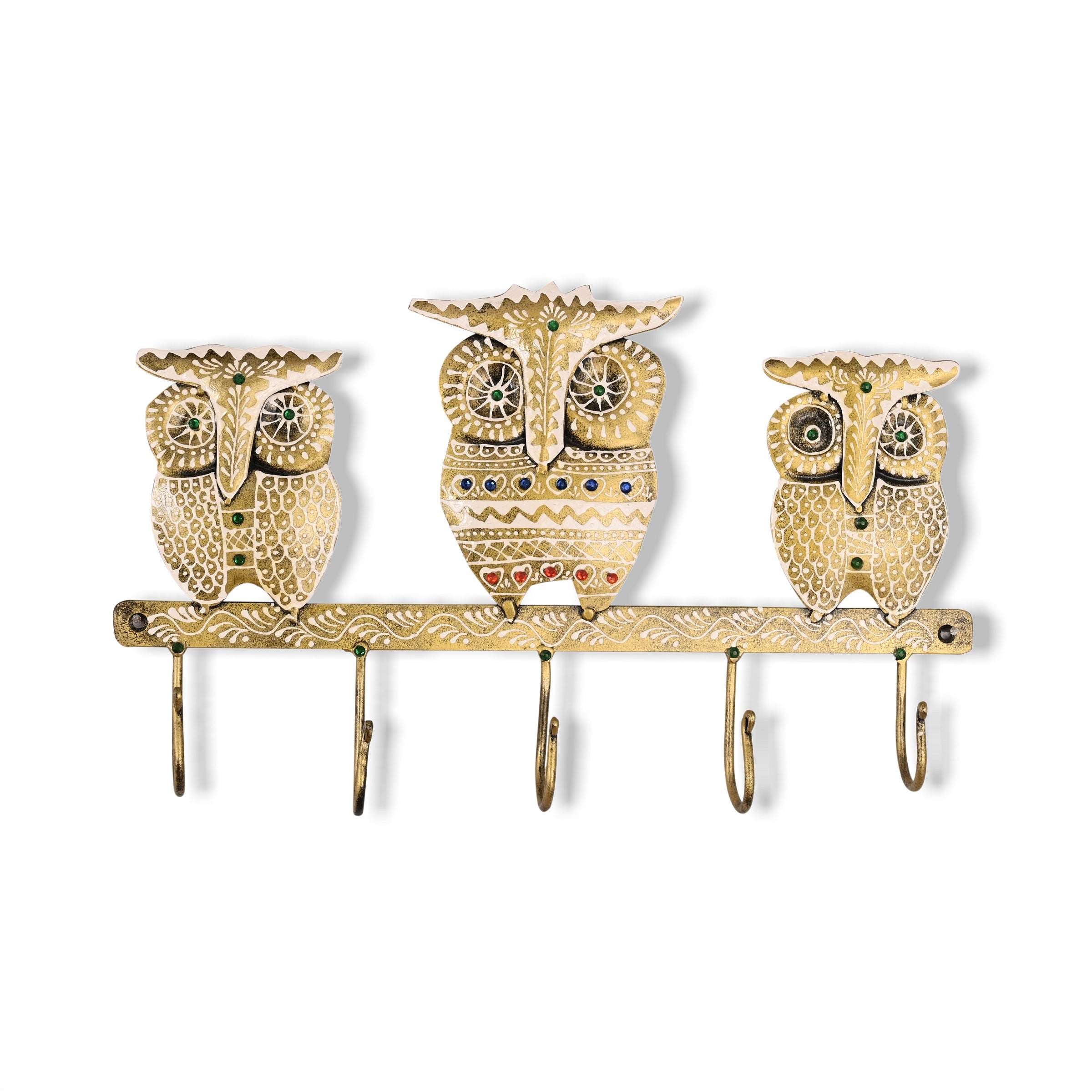 WILLART Handmade and Hand Painted Antique Owl Shape Metal Wall Hanging Antique 5 Key Storage Hooks Key Holder Coat Hanger for Home Décor Wall Décor (35.50 cm x 21.50 cm)