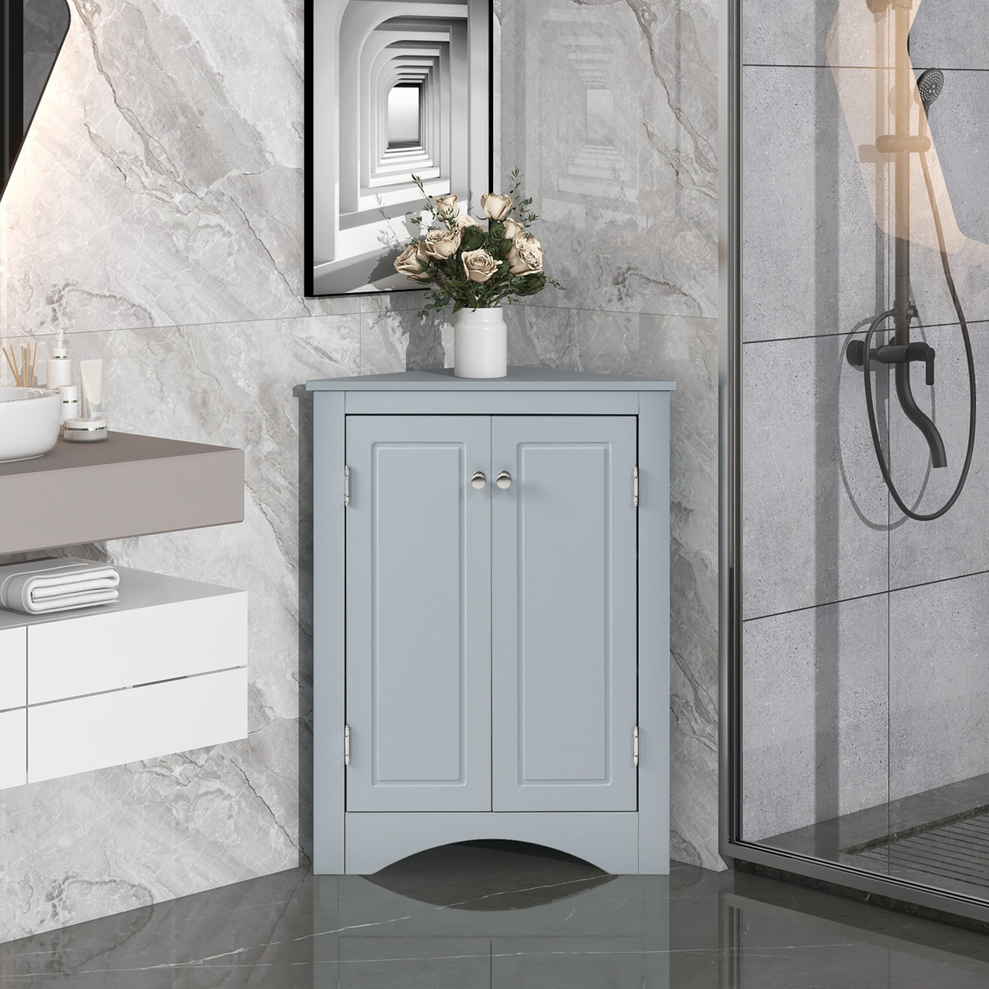 Blue Triangle Bathroom Storage Cabinet with Adjustable Shelves, Freestanding Floor Cabinet for Home Kitchen