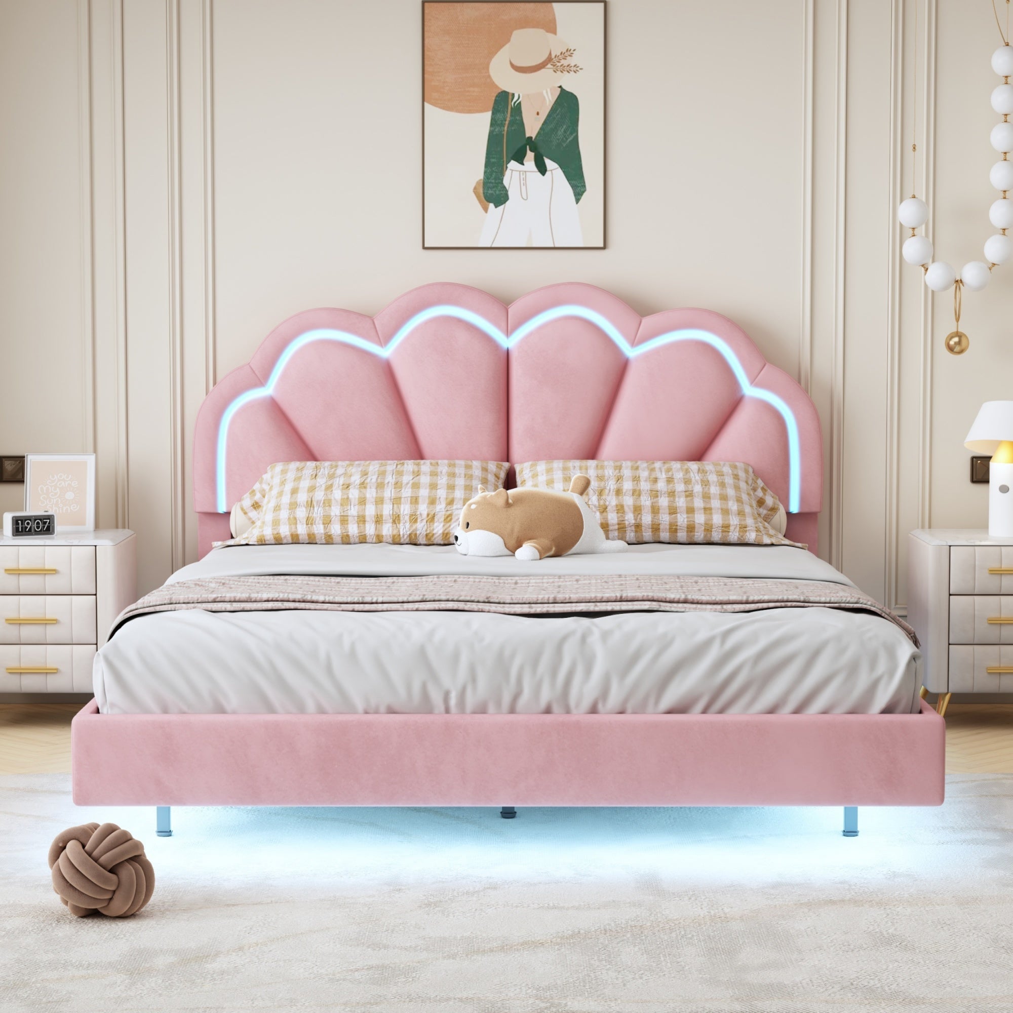 Queen Upholstered Smart LED Bed Frame with Elegant Flowers Headboard,Floating Velvet Platform LED Bed with Wooden Slats Support,Pink