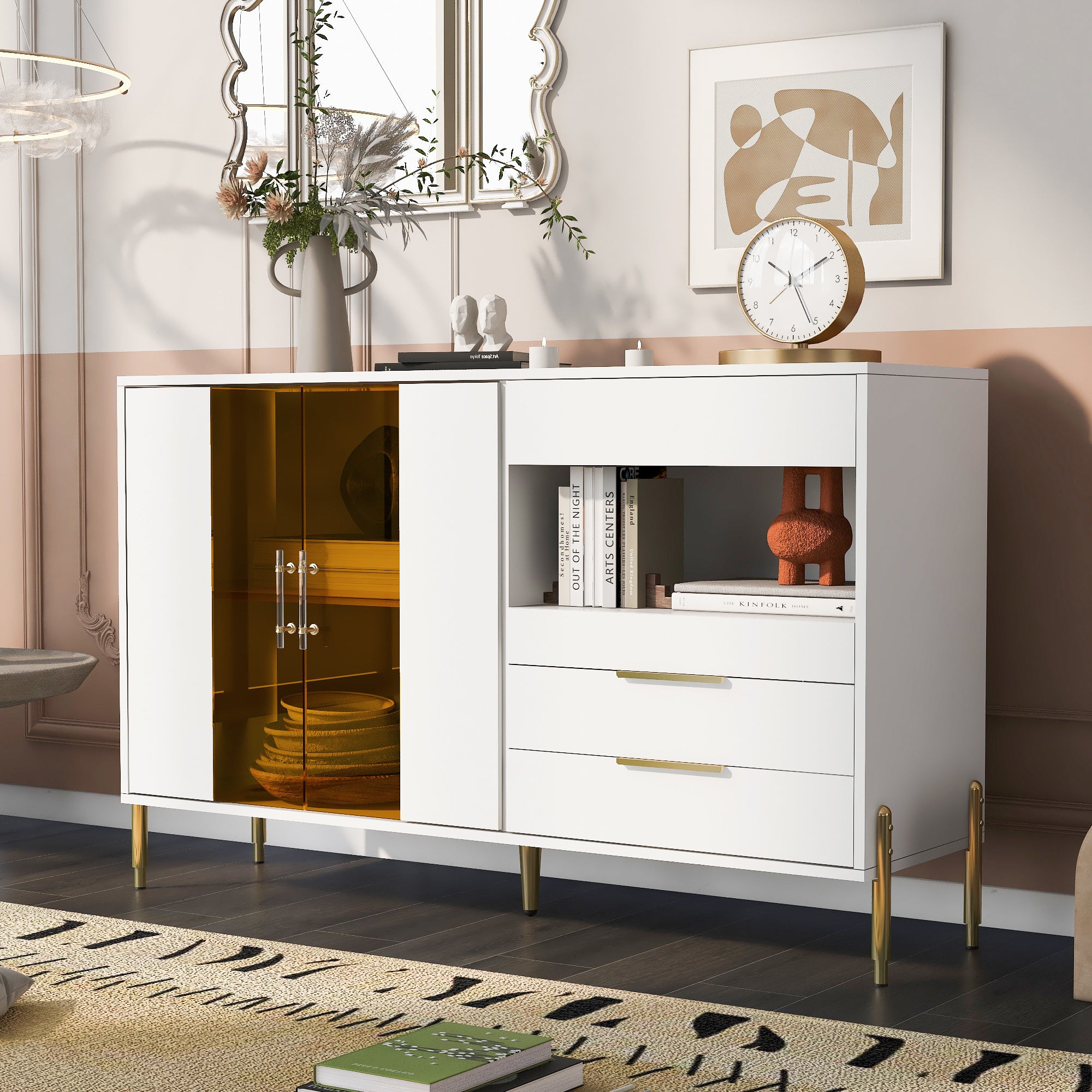 U_Style Storage Cabinets with Acrylic Doors, Light Luxury Modern Storage Cabinets with Adjustable Shelves, Accent Cabinet Buffet Cabinet for Living Room, Entryway Description